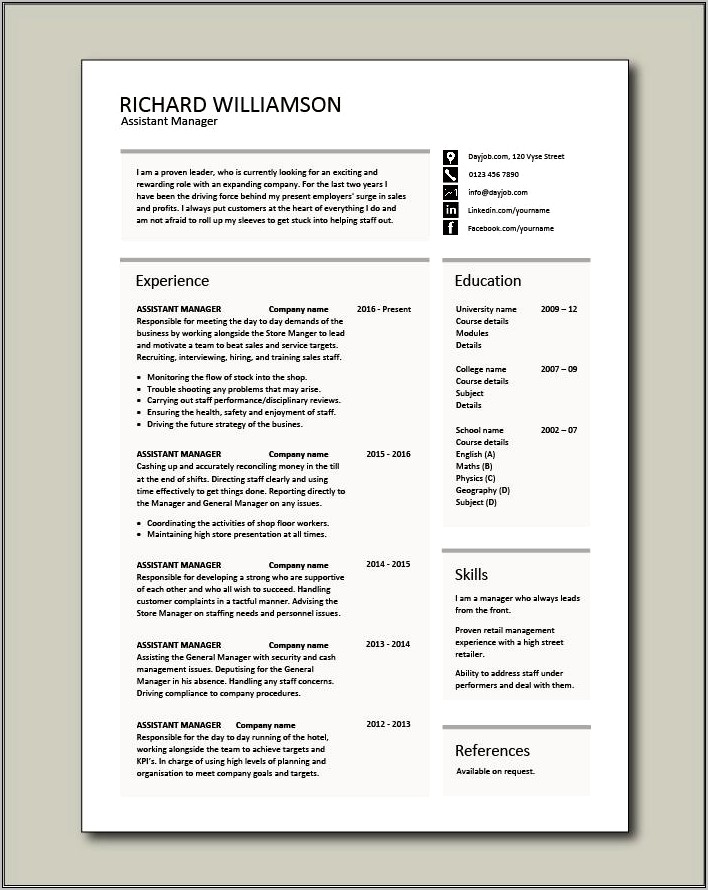 Assistant Bank Manager Sample Resume