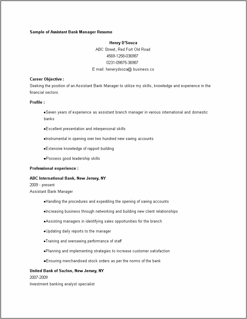 Assistant Banking Center Manager Resume