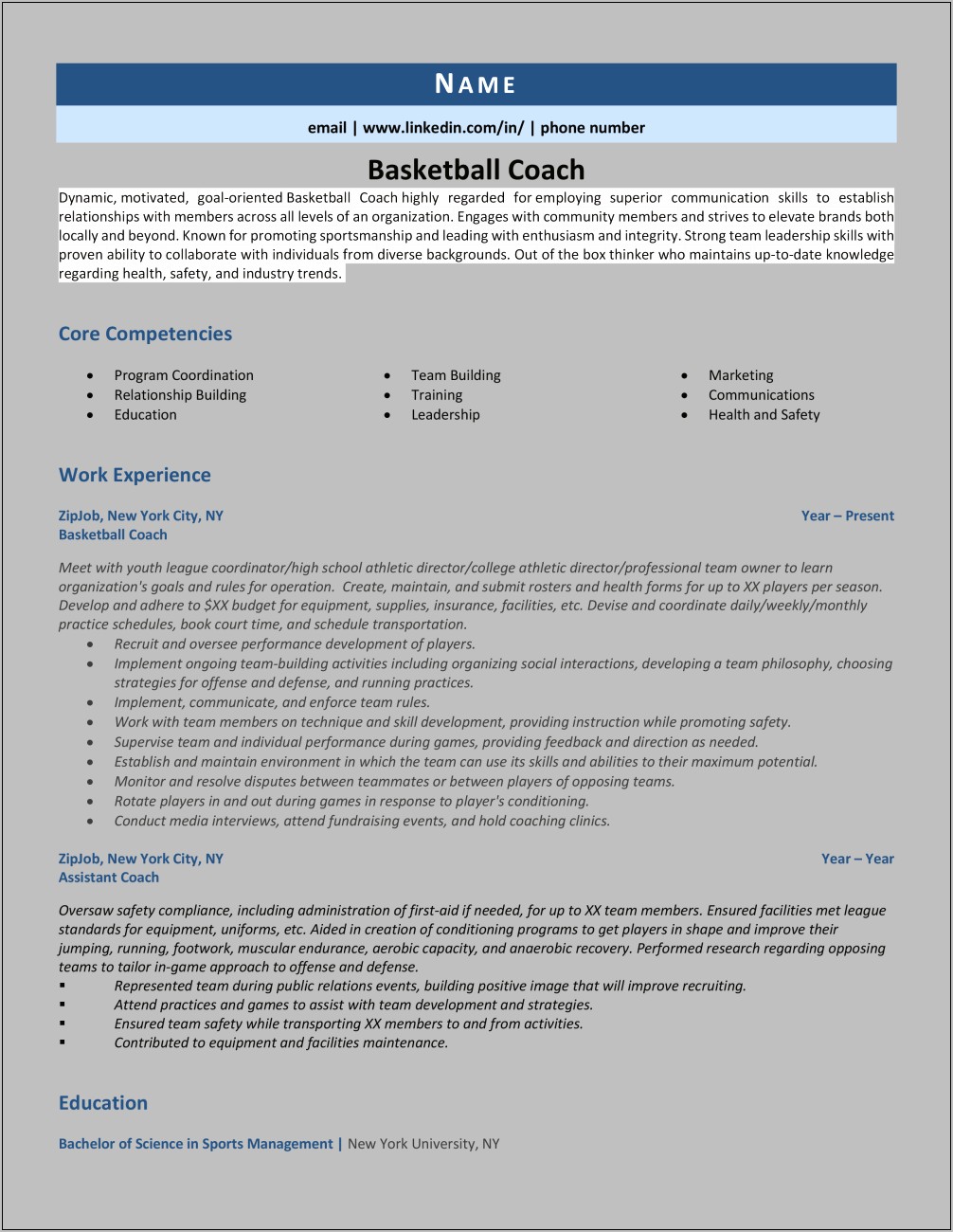 Assistant Basketball Coach Resume Sample