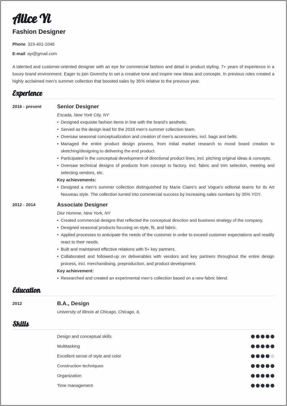 Assistant Fashion Designer Resume Sample