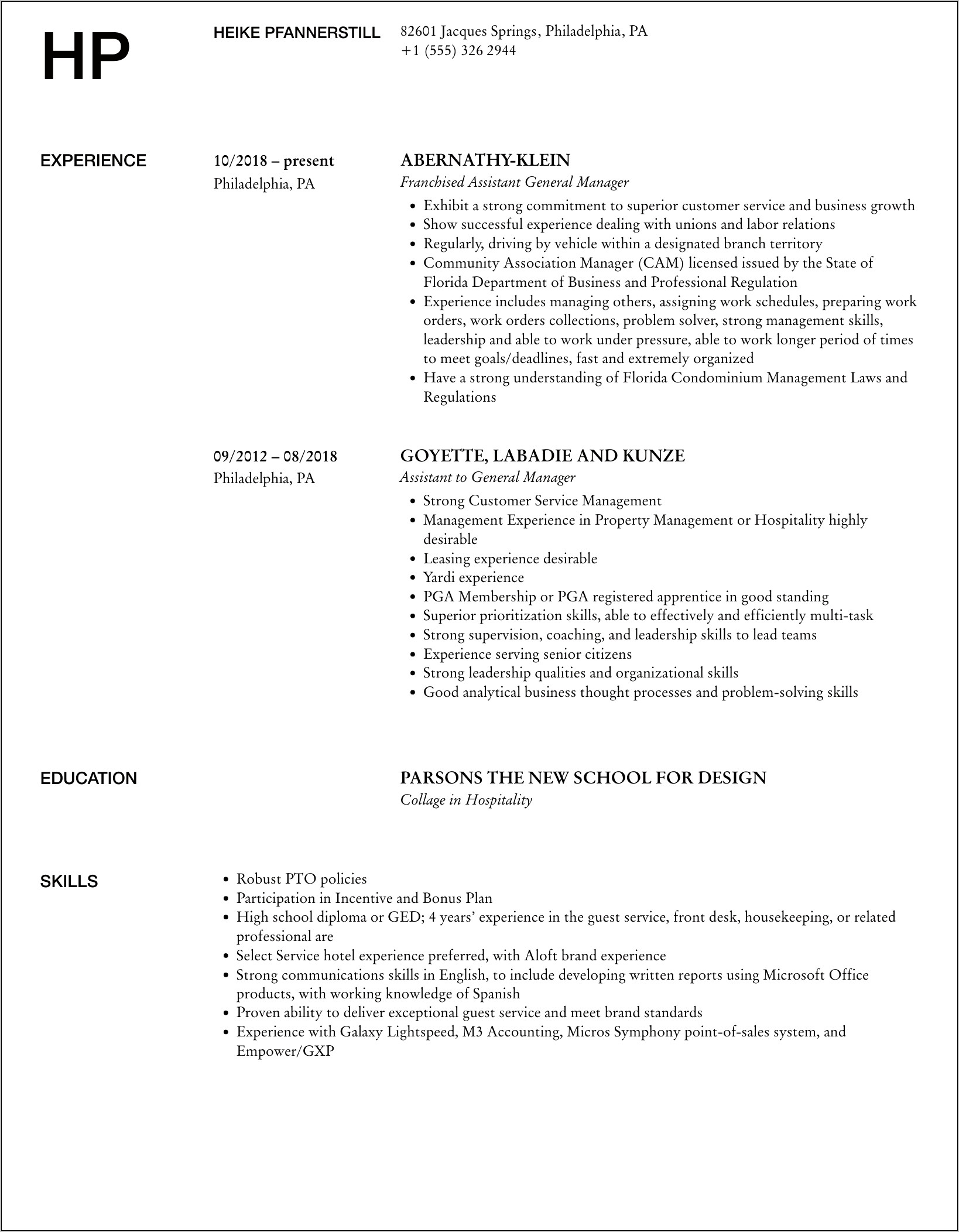 Assistant General Manager Summary Resume