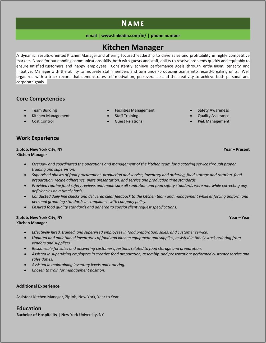 Assistant Kitchen Manager Resume Sample