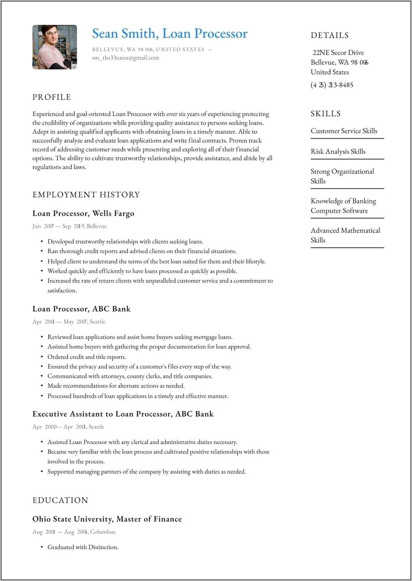 Assistant Loan Processor Sample Resume