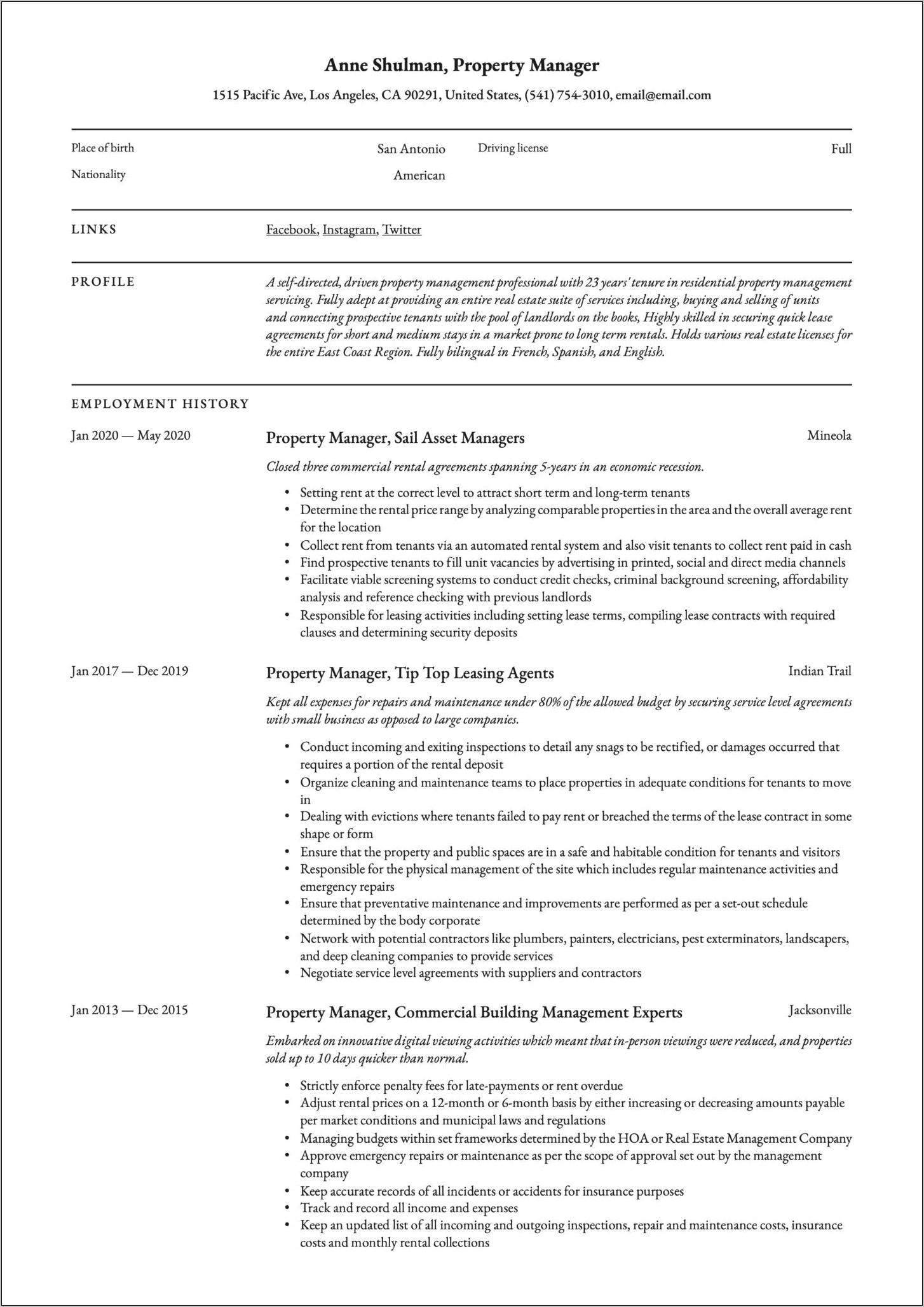 Assistant Manager Property Management Resume