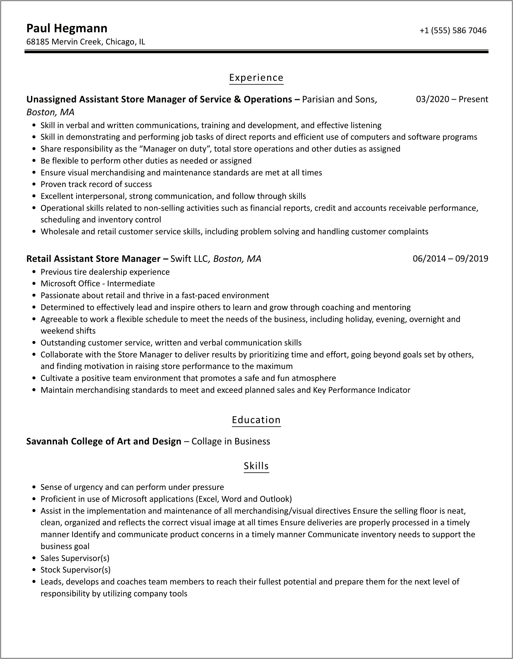 Assistant Manager Shoe Store Resume