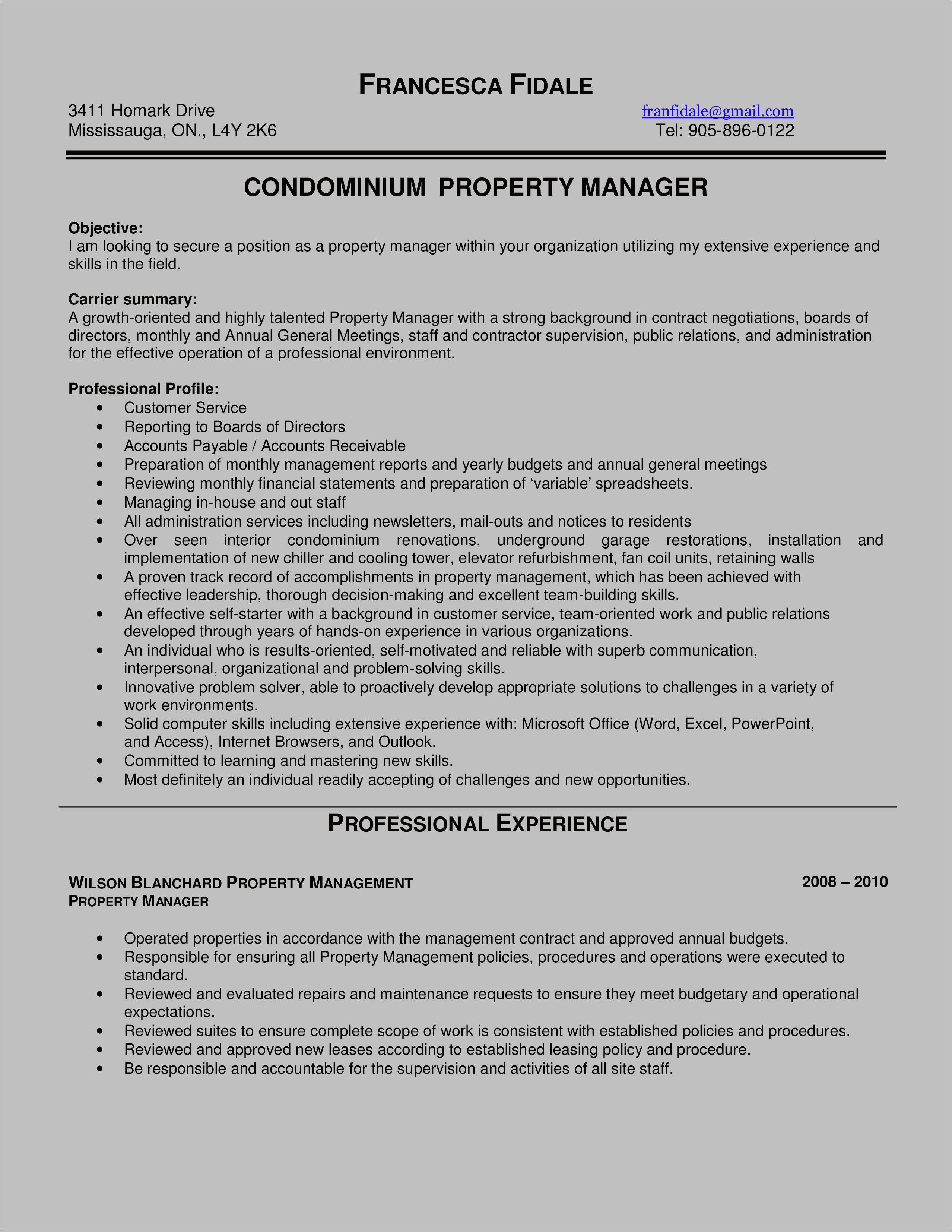 Assistant Property Management Objective Resume