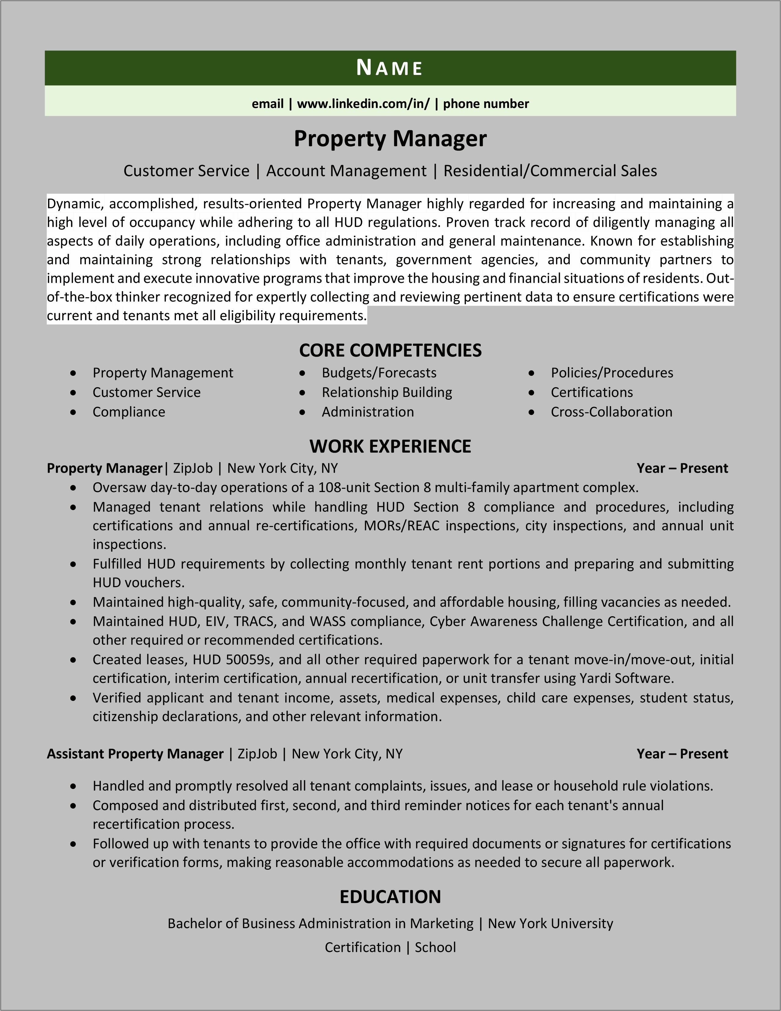 Assistant Property Manager Resume Template