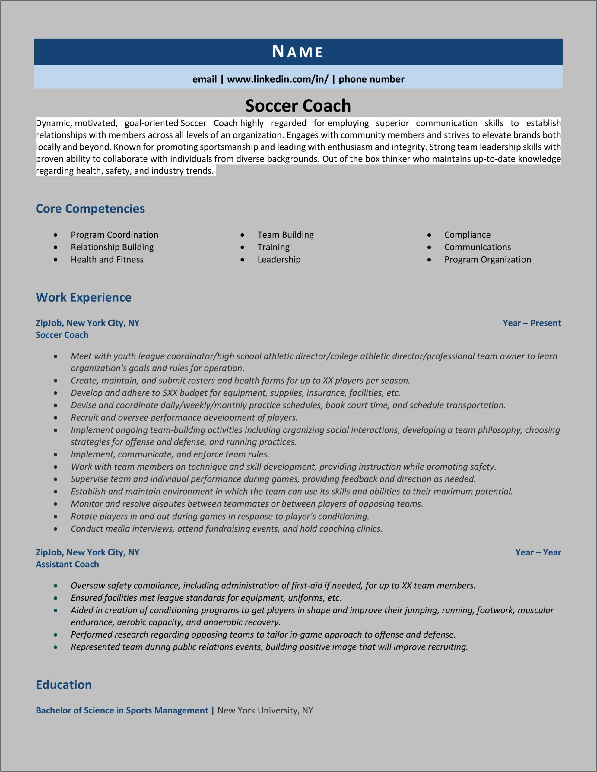 Assistant Soccer Coach Resume Example