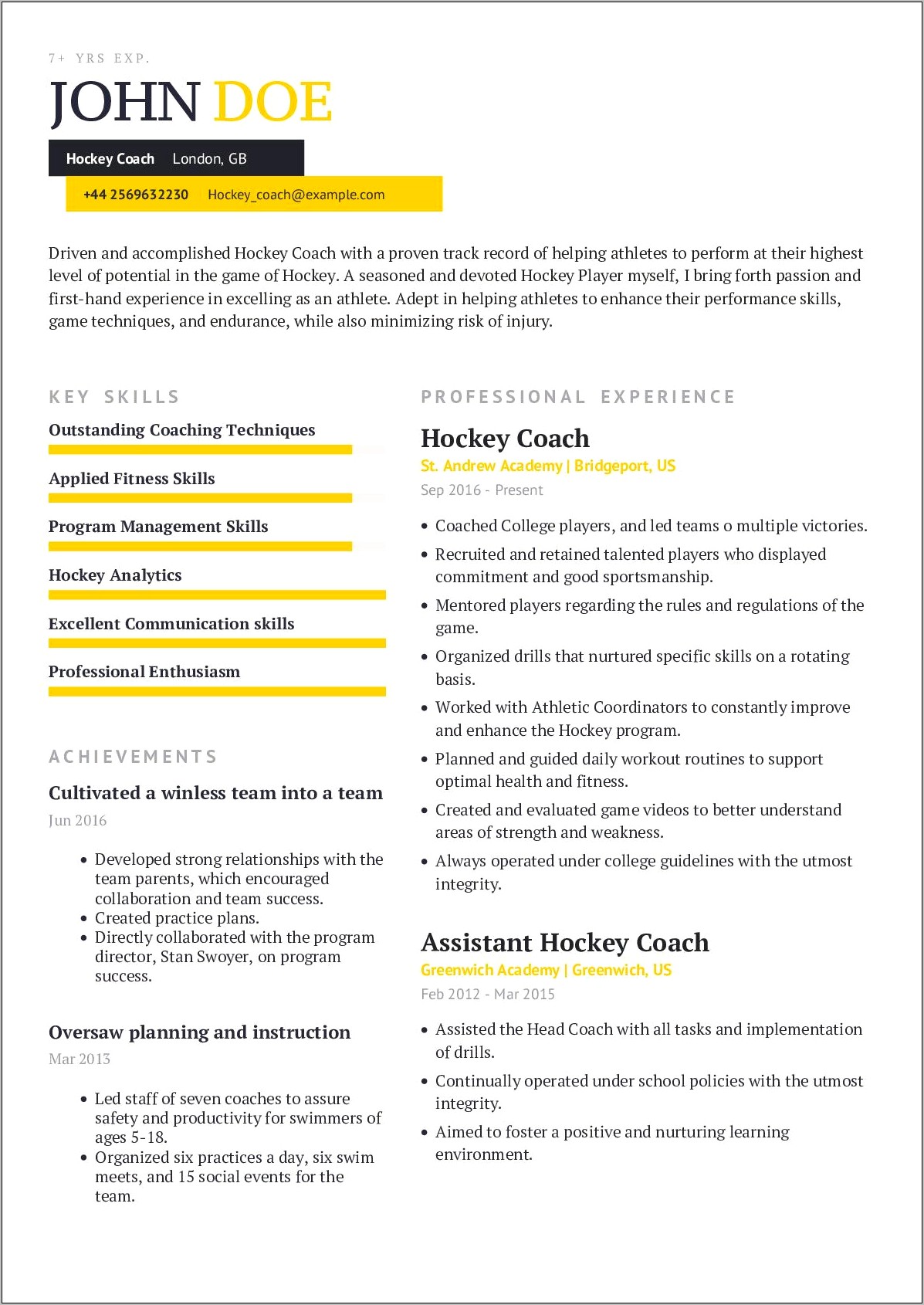 Assistant Swim Coach Resume Example