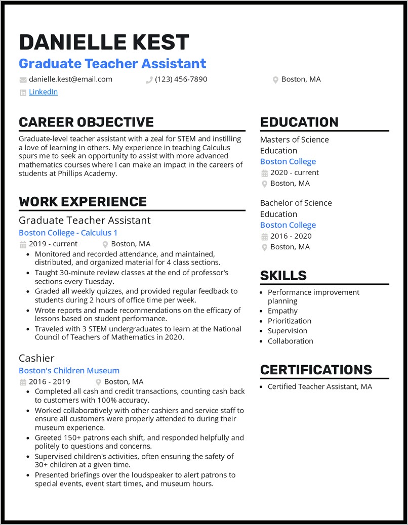 Assistant Teacher Resume Sample Pdf