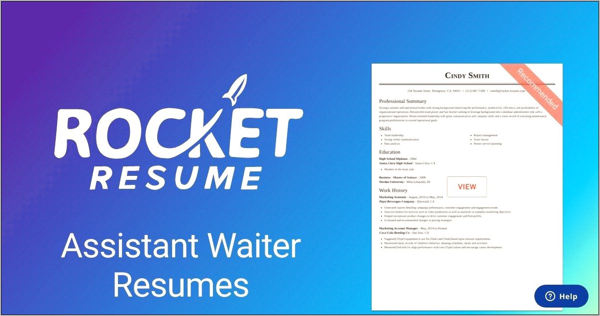 Assistant Waiter Job Description Resume