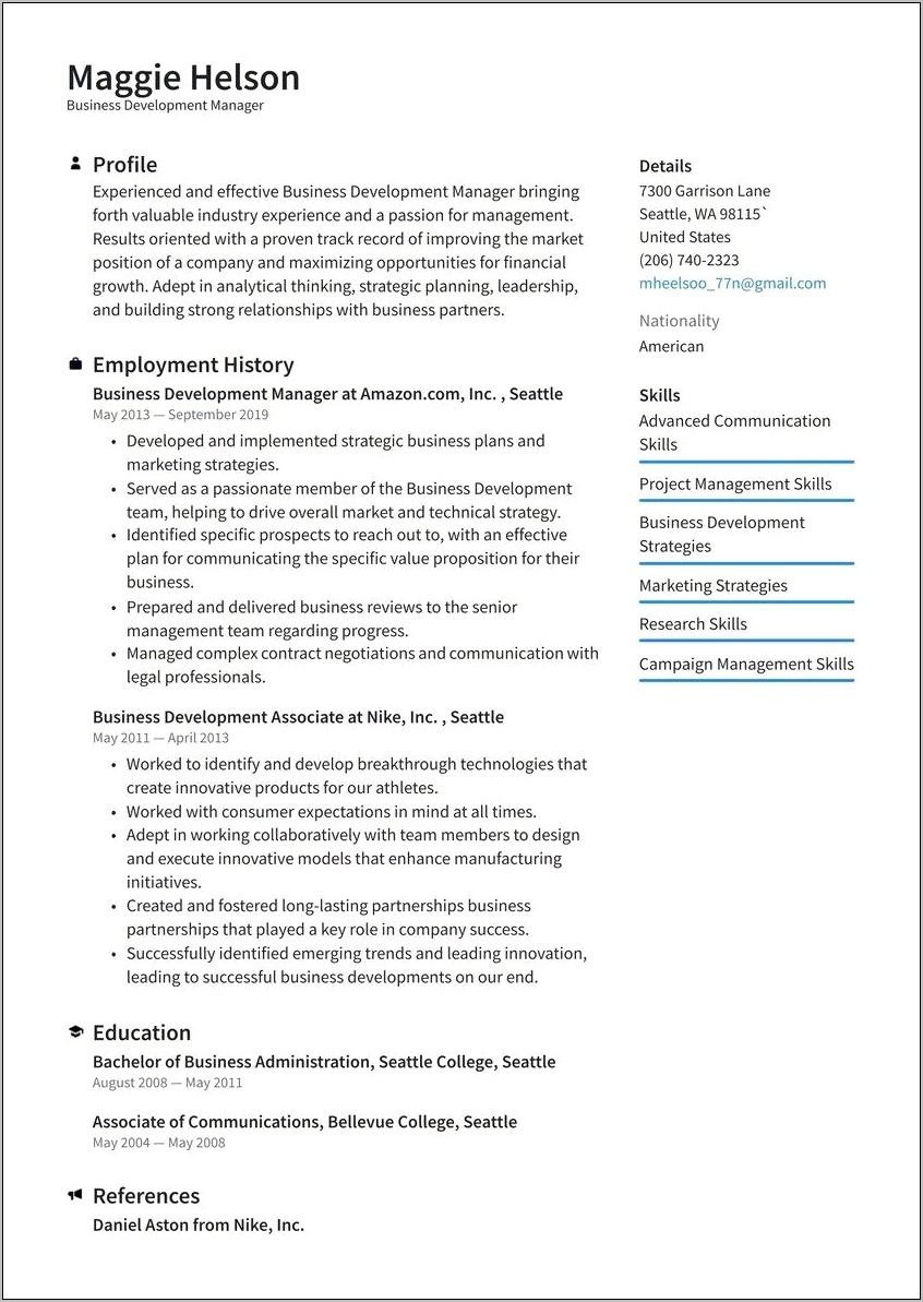 Associate Business Development Manager Resume