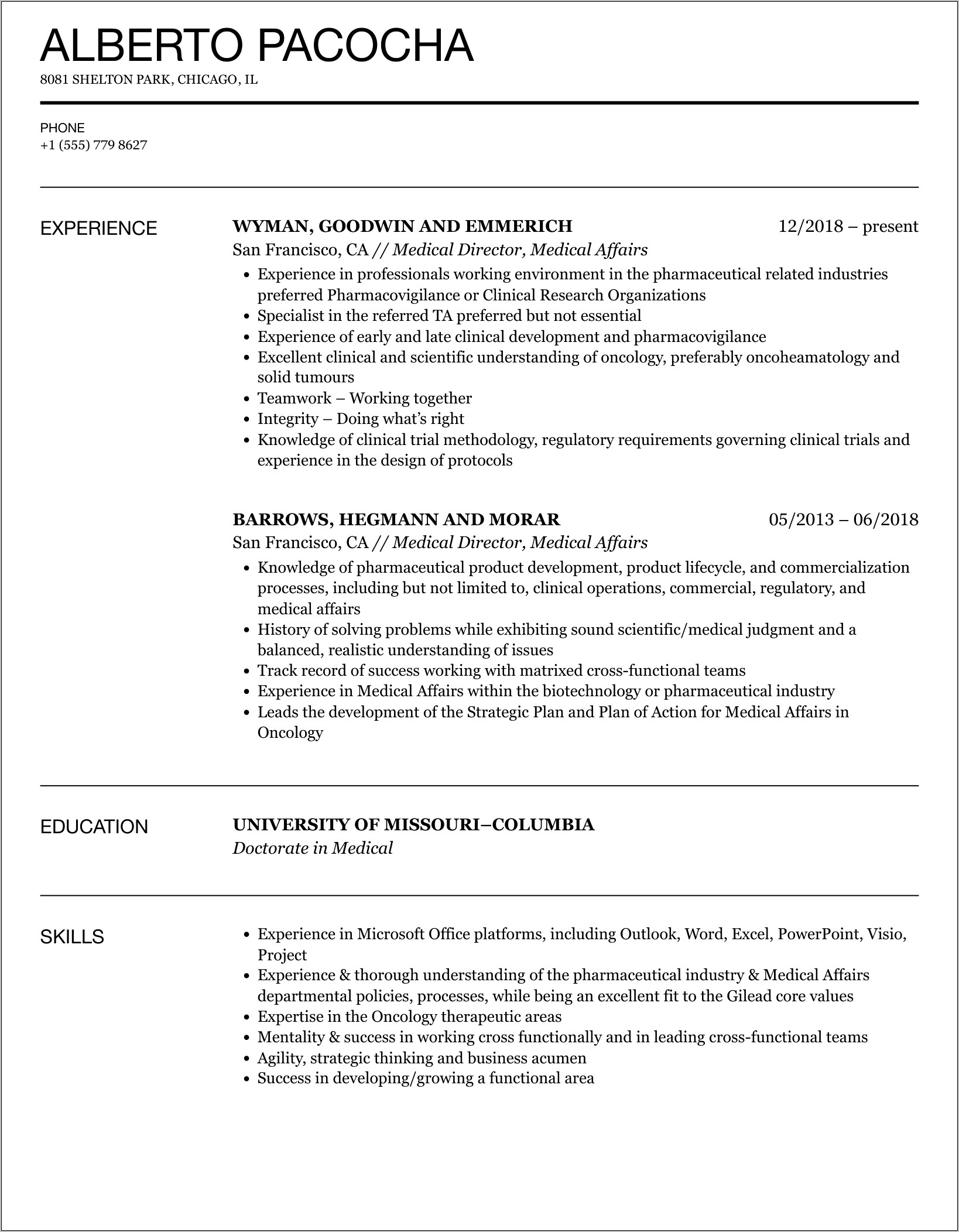 Associate Medical Director Resume Sample