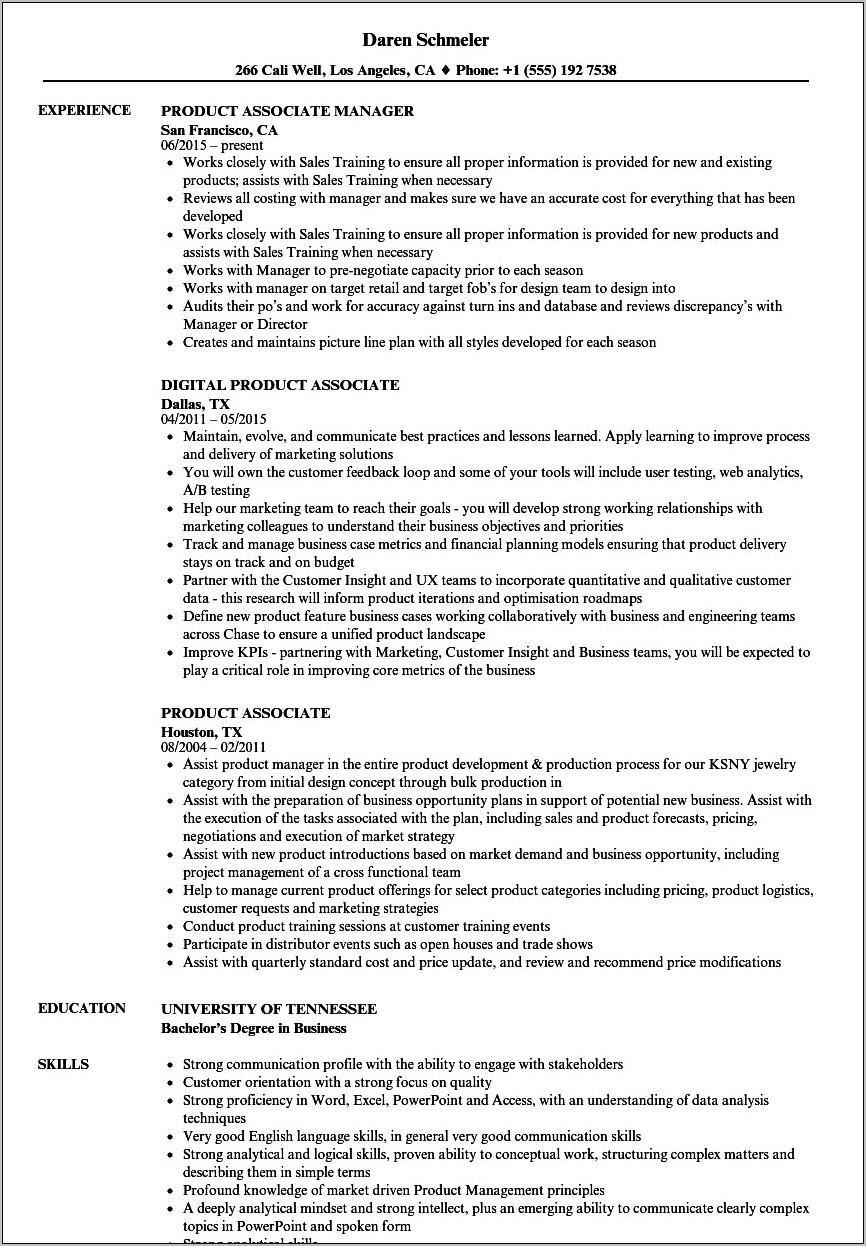 Associate Product Analyst Resume Samples