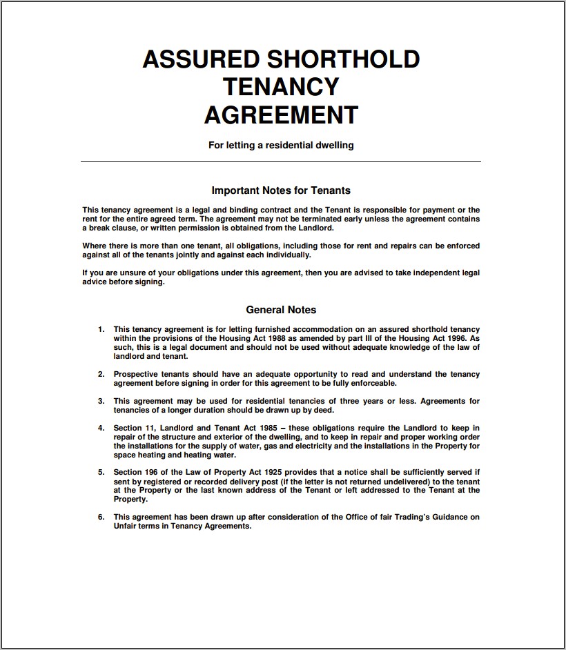 Assured Shorthold Tenancy Agreement Template Download