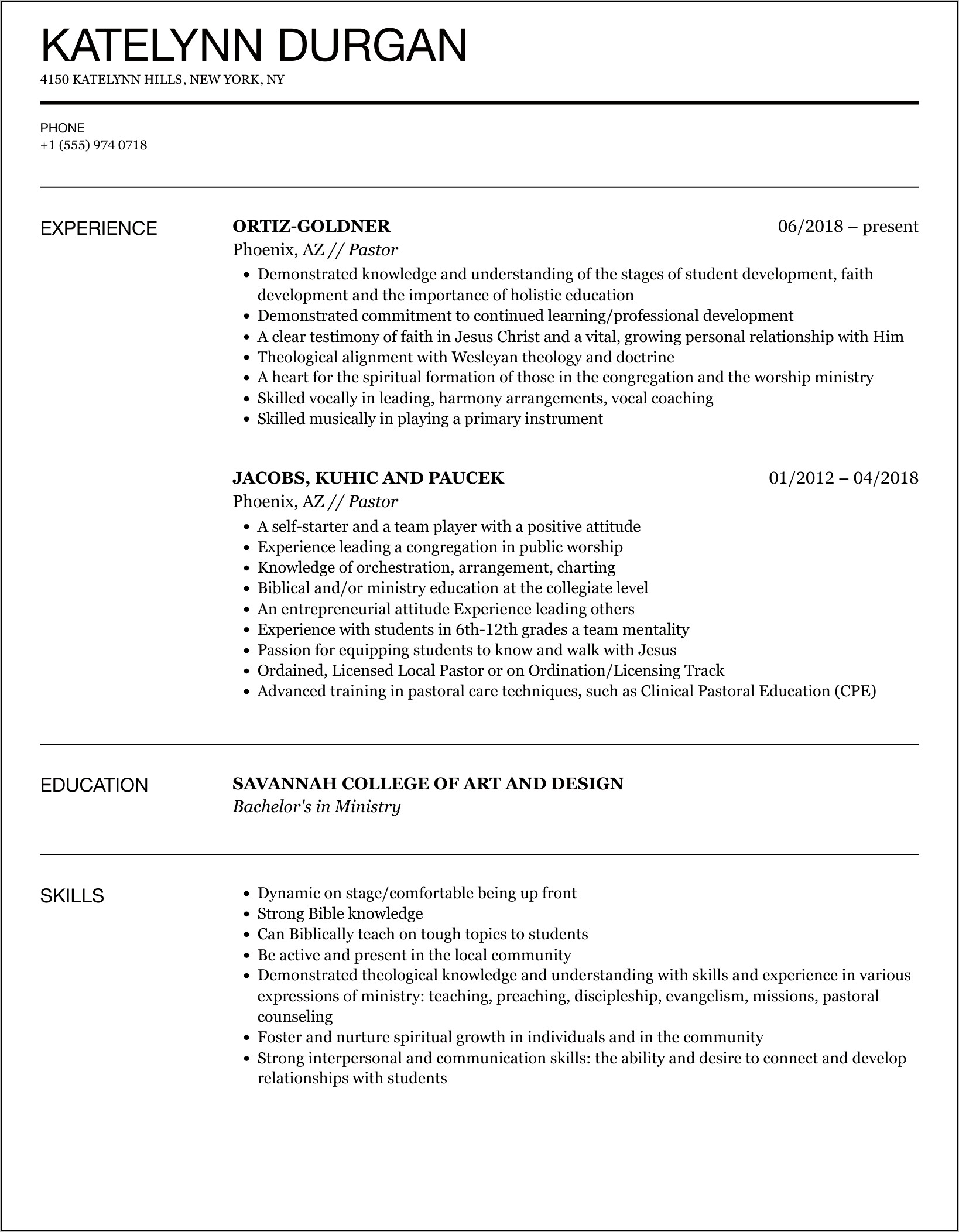 Attractive Resume Skills To Churches