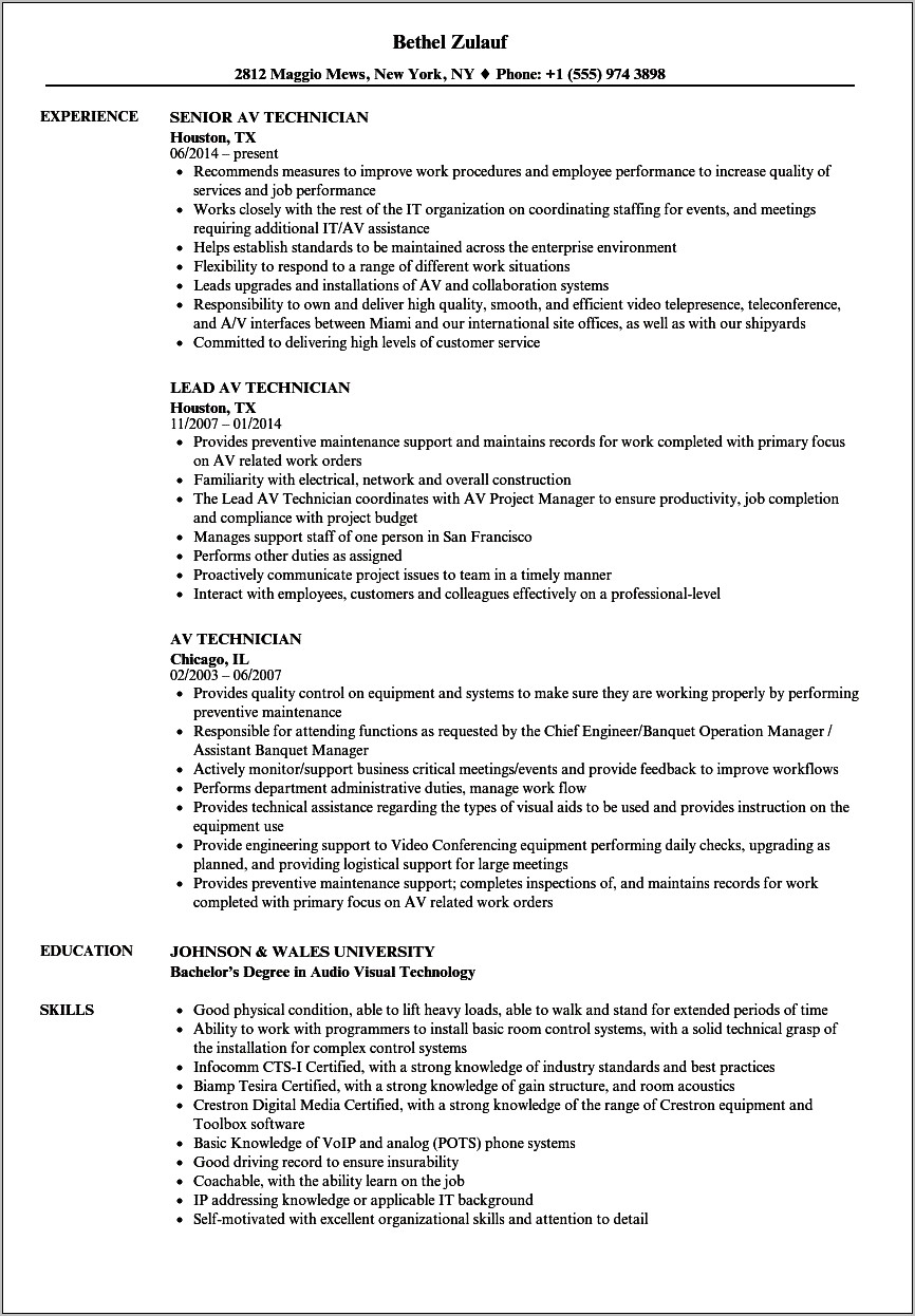 Audio Technician Job Description Resume