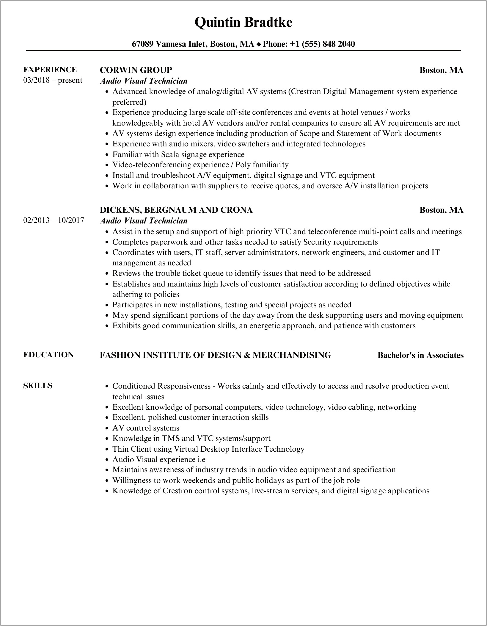 Audio Visual Technician Resume Objective