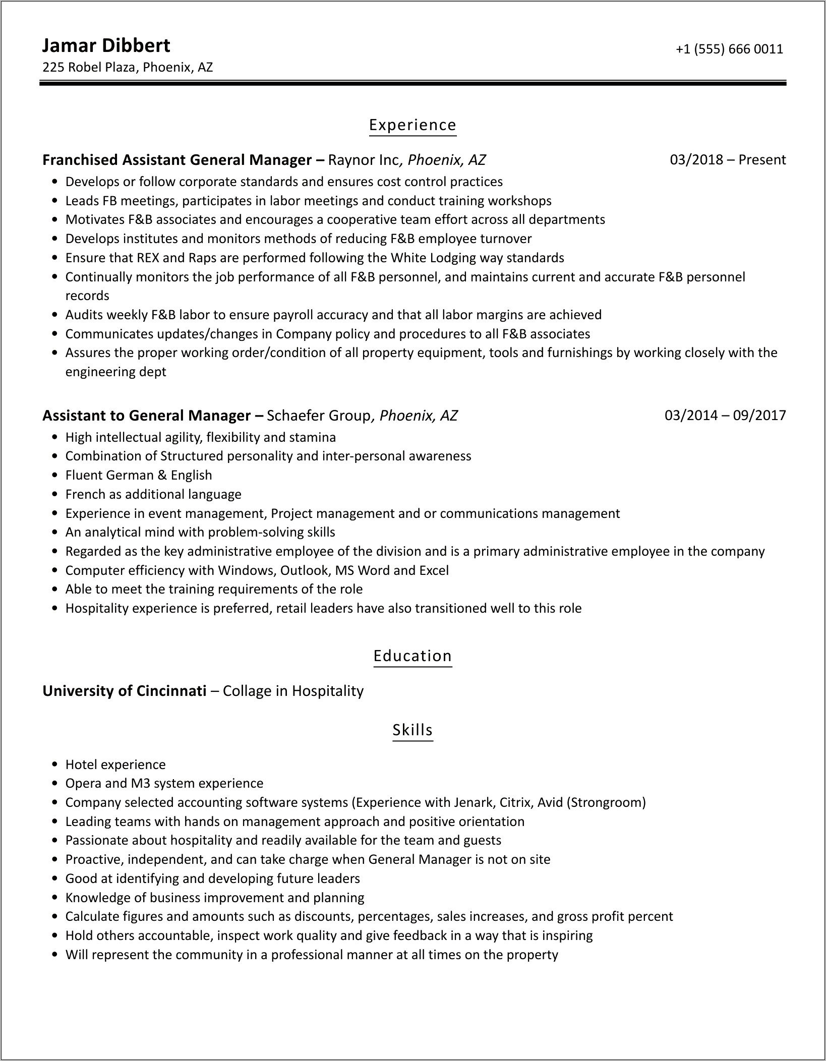 Auntie Anne General Manager Resume