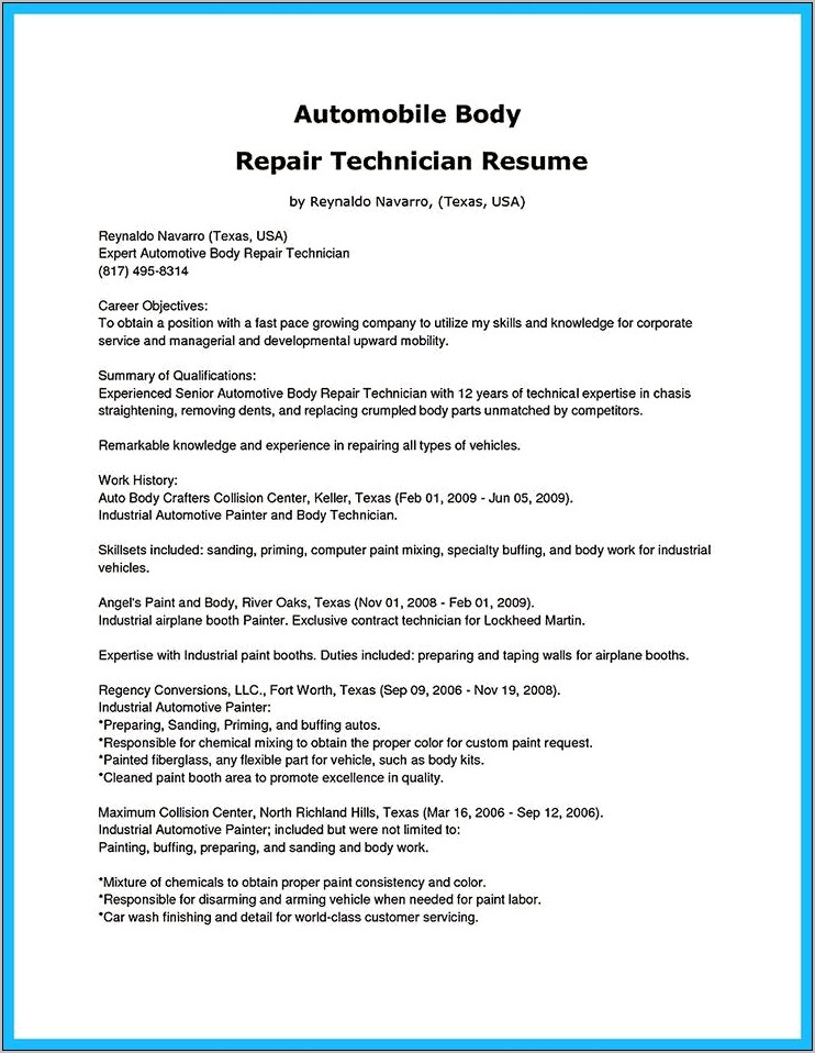 Auto Body Painter Resume Examples