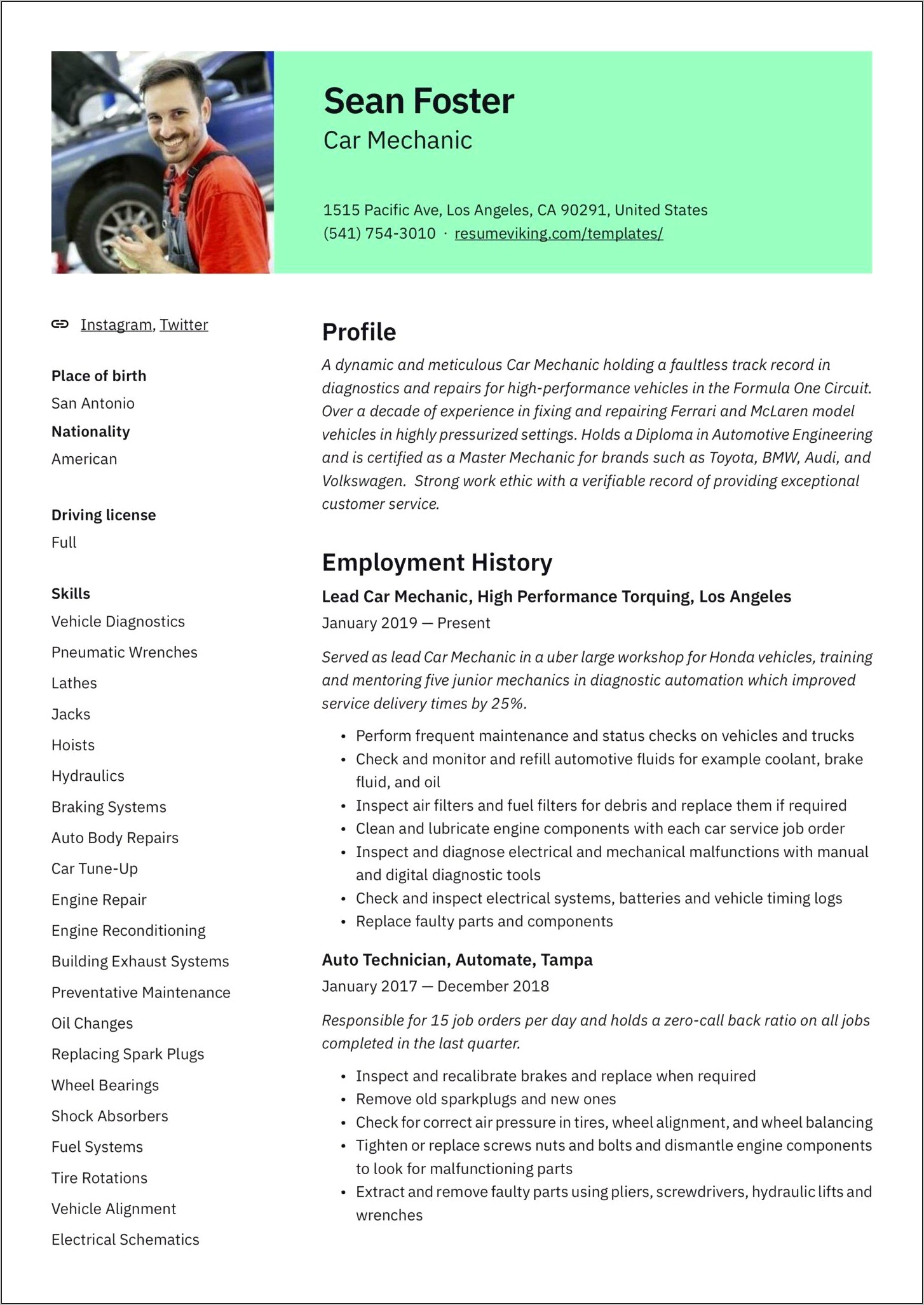 Auto Body Technician Resume Sample