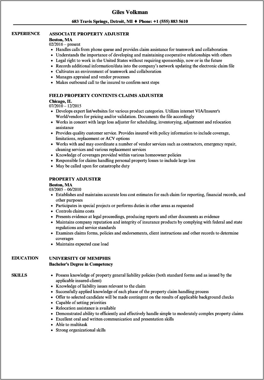 Auto Claims Adjuster Resume Examples