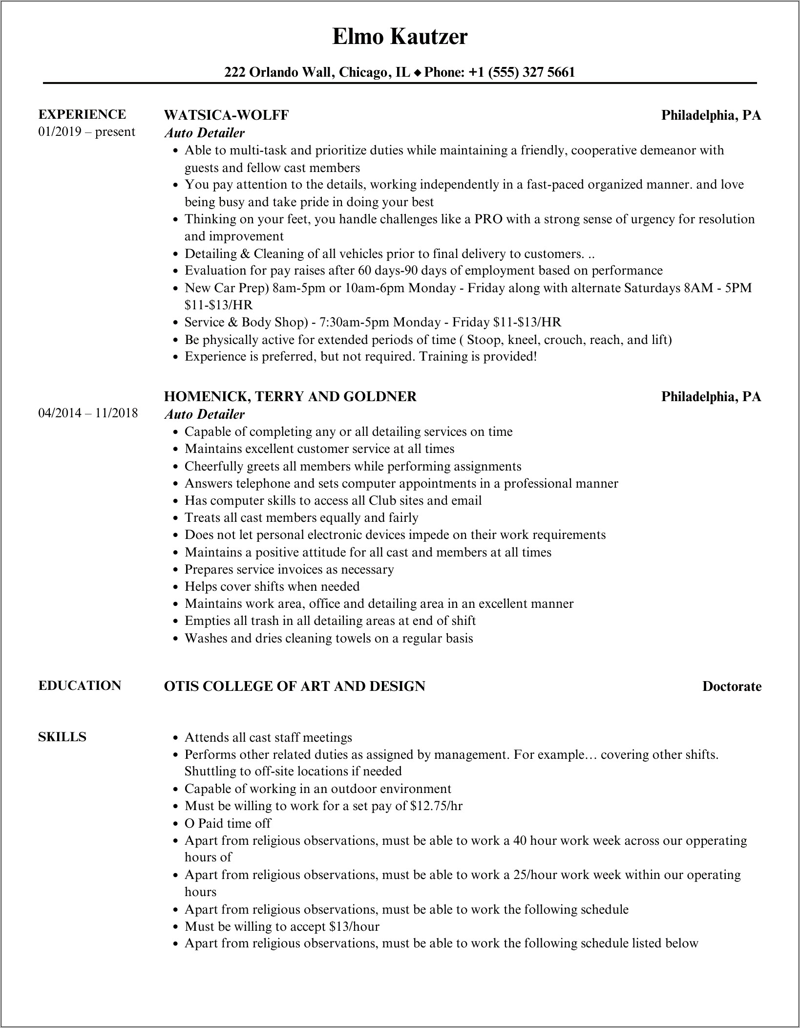 Auto Detailing Job Description Resume