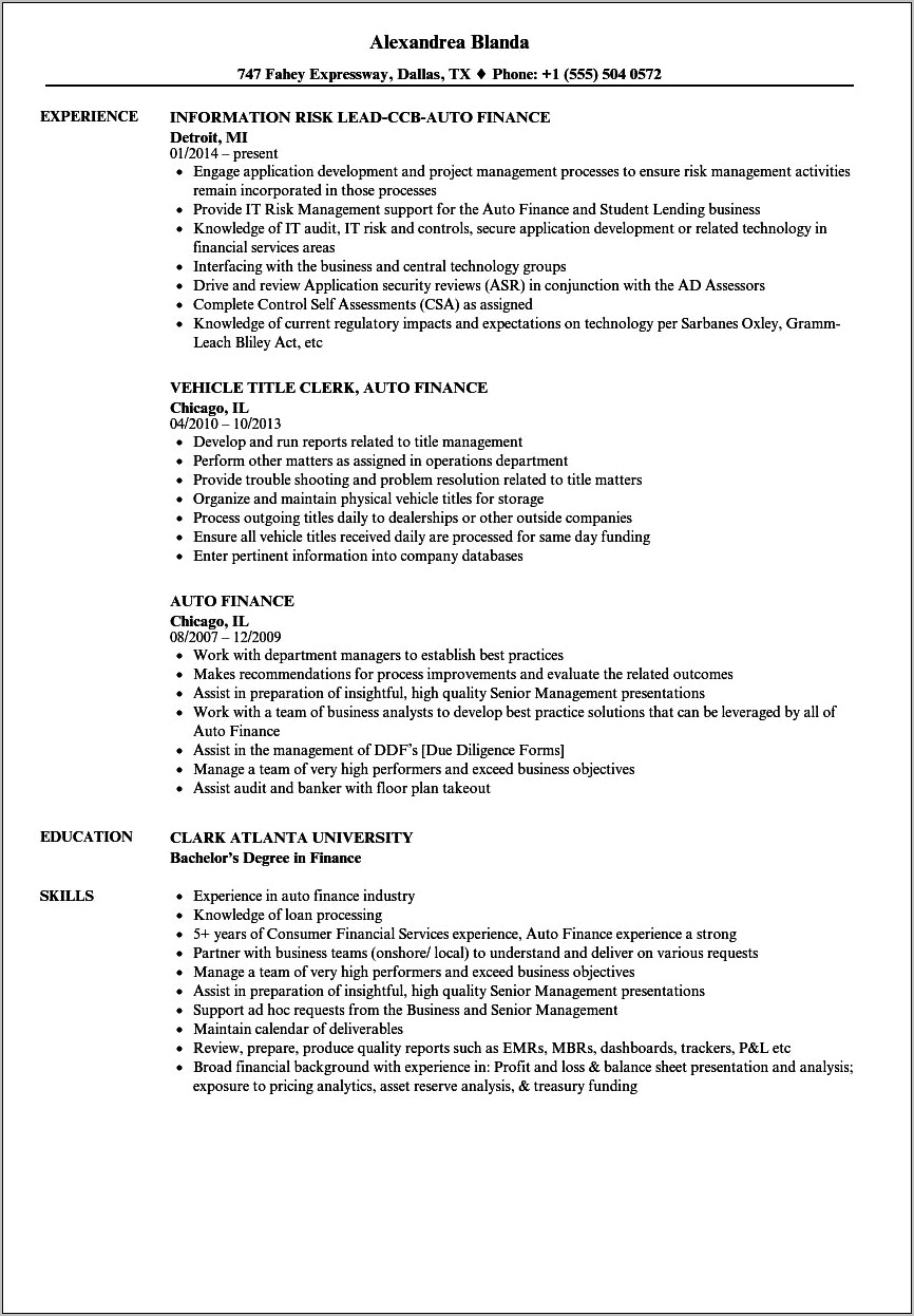 Auto Loan Officer Resume Sample