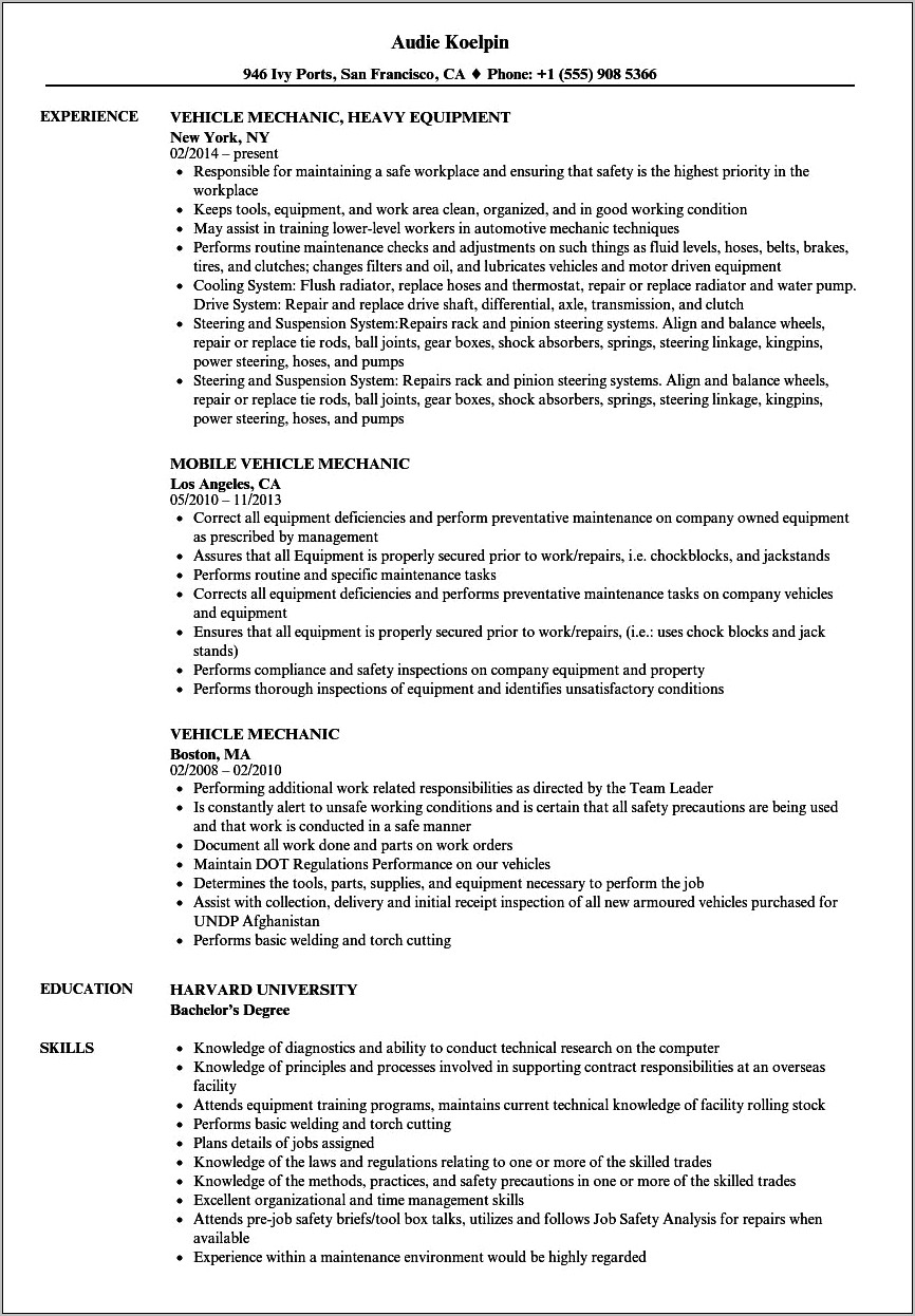 Auto Mechanic Resume Sample Philippines