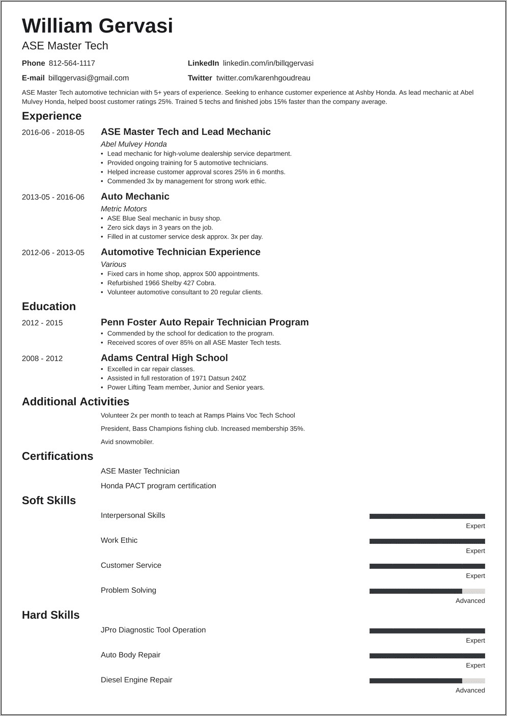 Auto Mechanic Resume Sample Skills