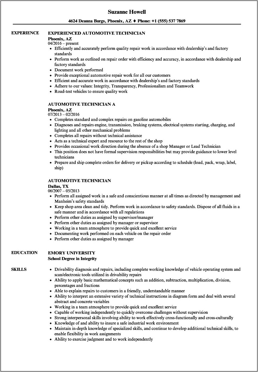 Auto Mechanic Technician Resume Sample