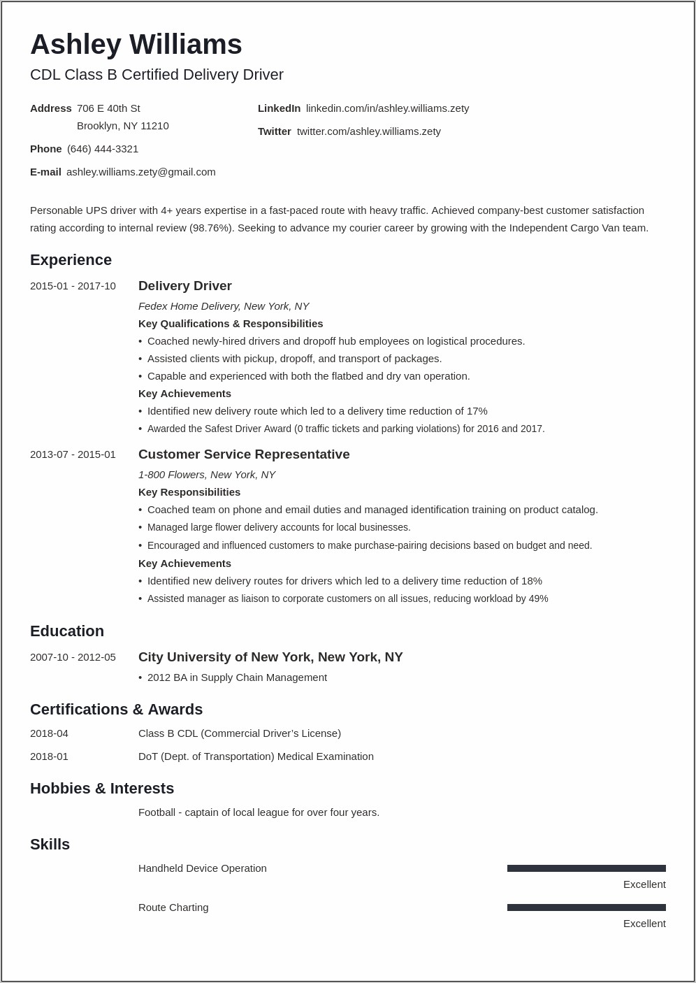 Auto Parts Delivery Resume Sample