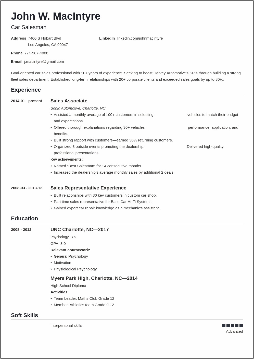 Auto Sales Professional Skills Resume