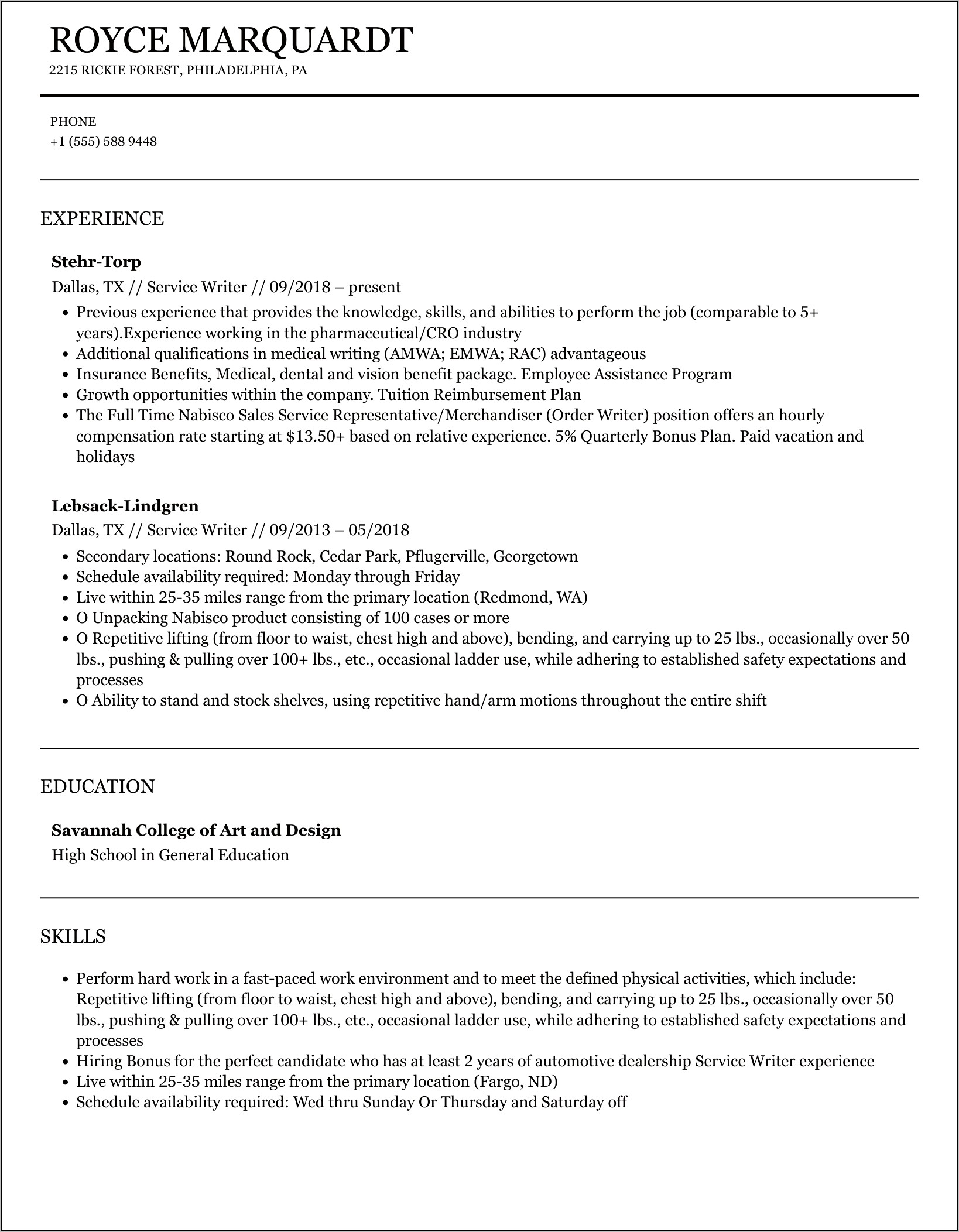 Auto Service Writer Resume Sample