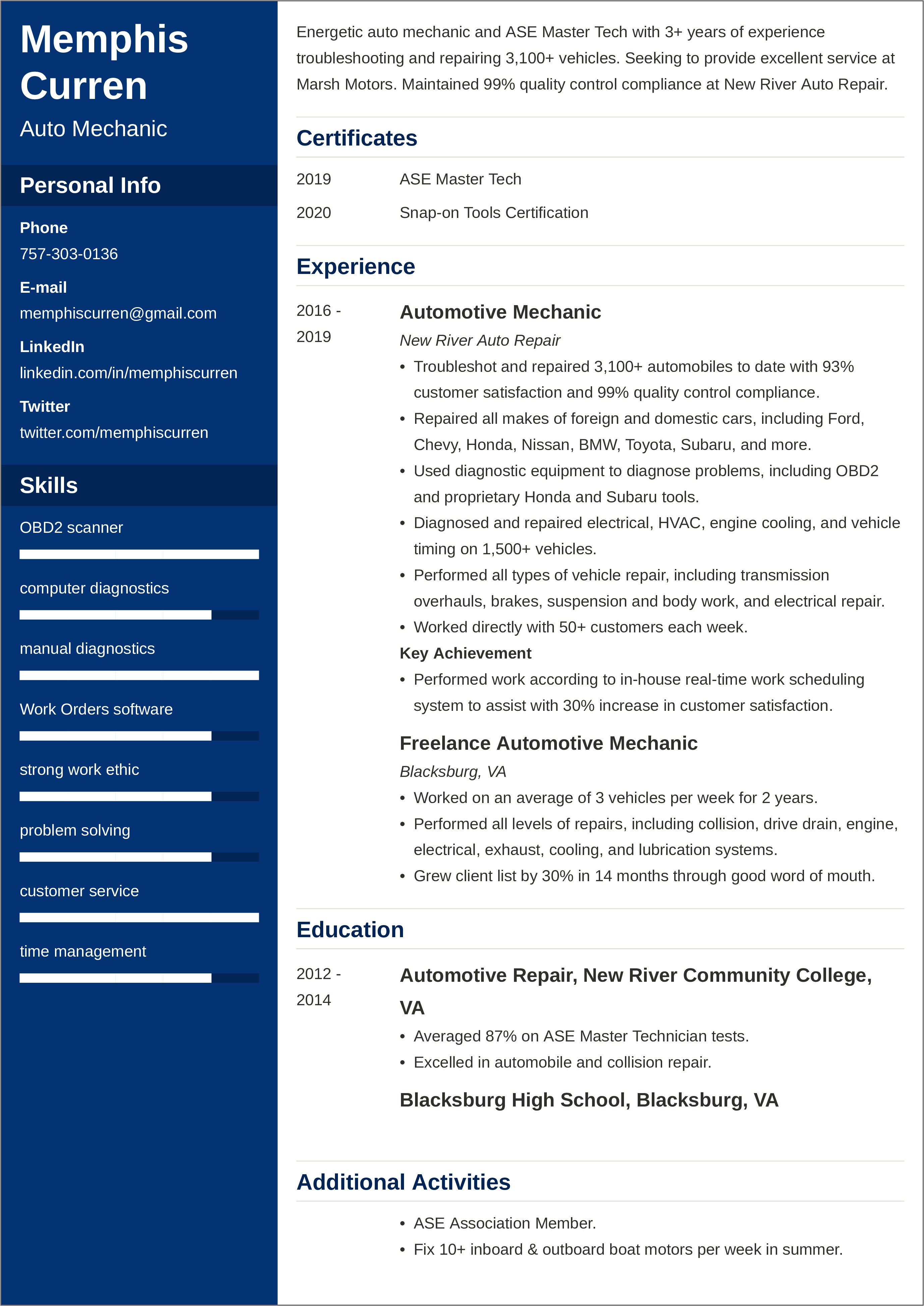 Auto Technician Job Description Resume