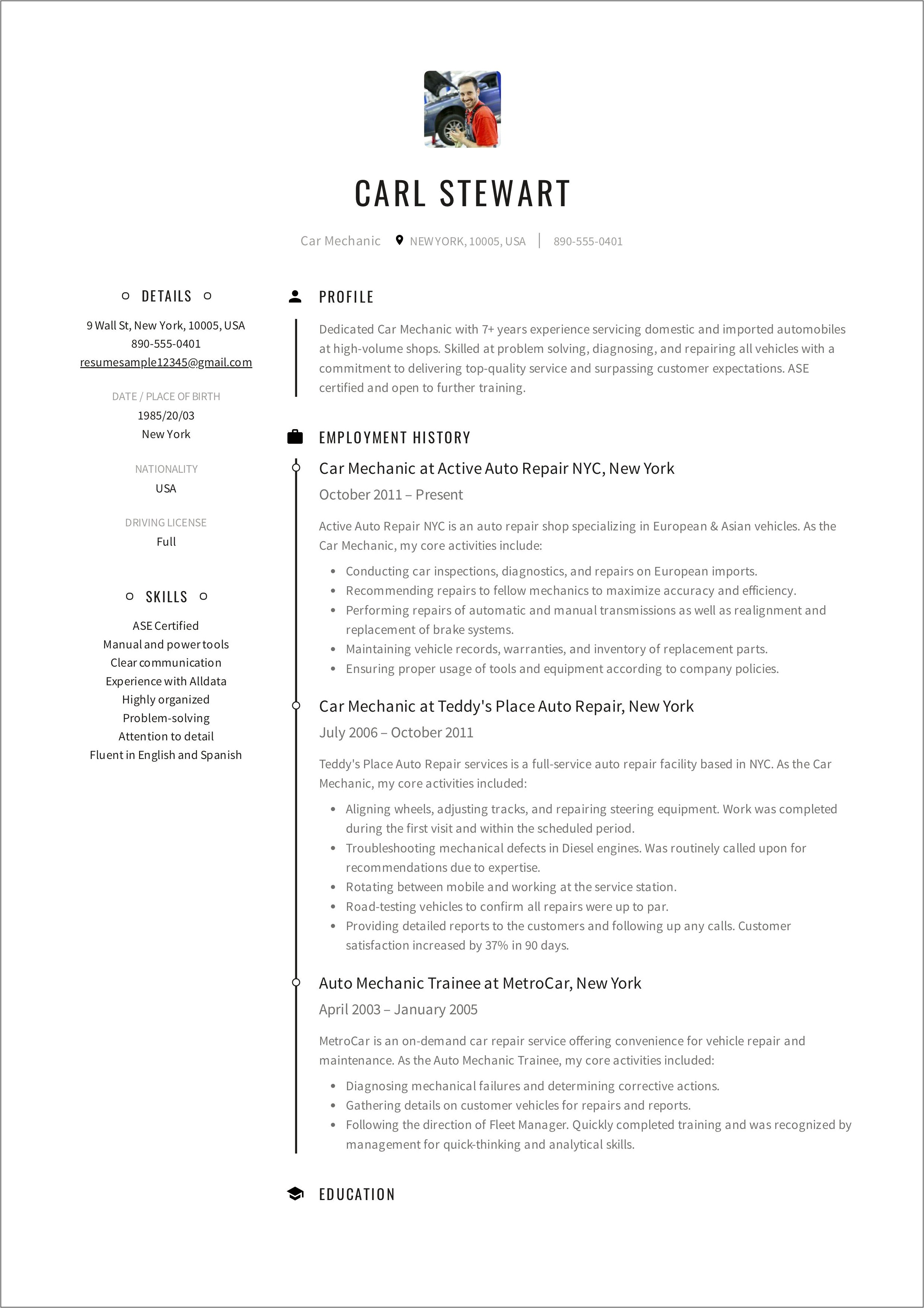 Auto Technician Resume Sample Format