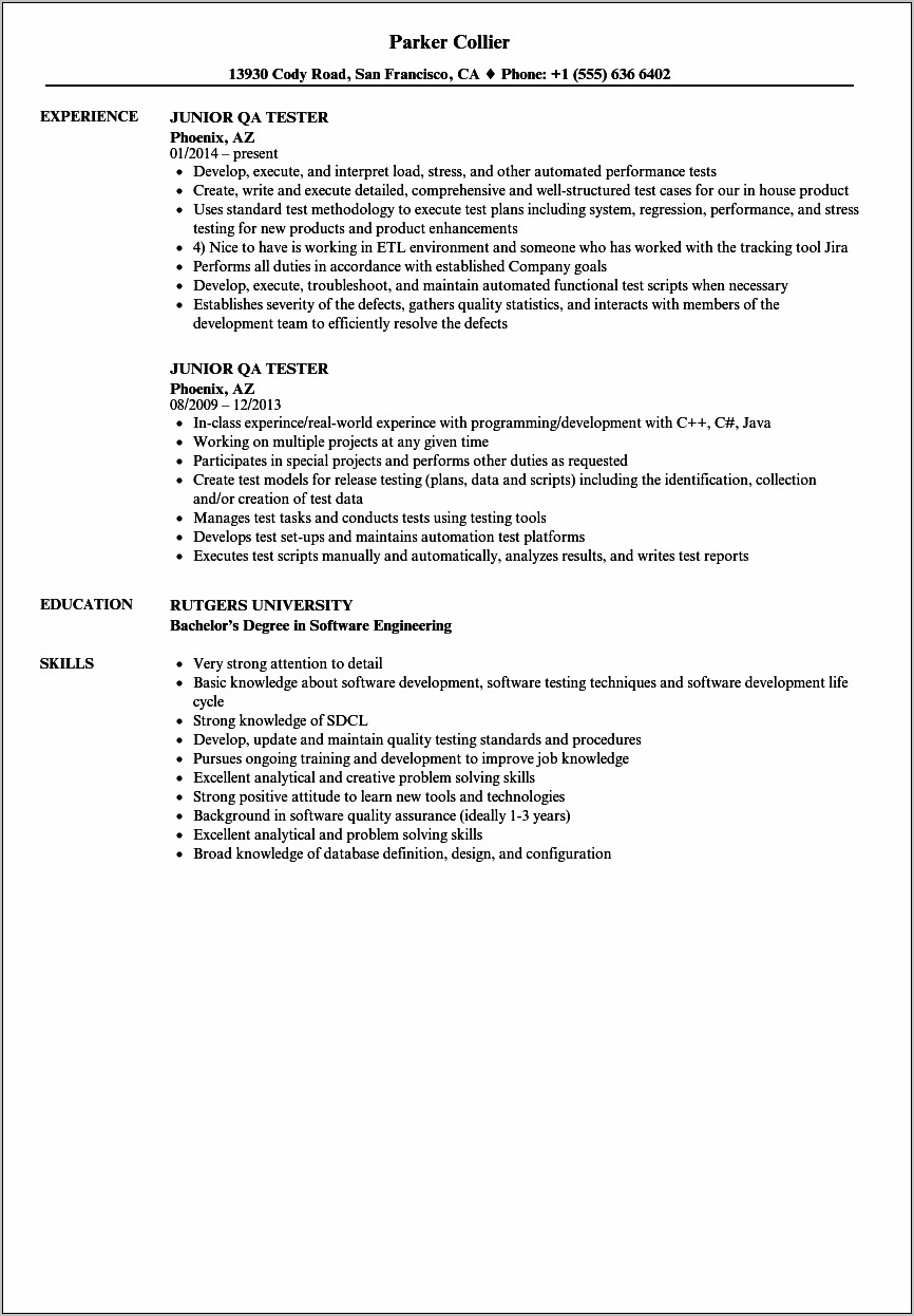 Automation Test Engineer Resume Sample