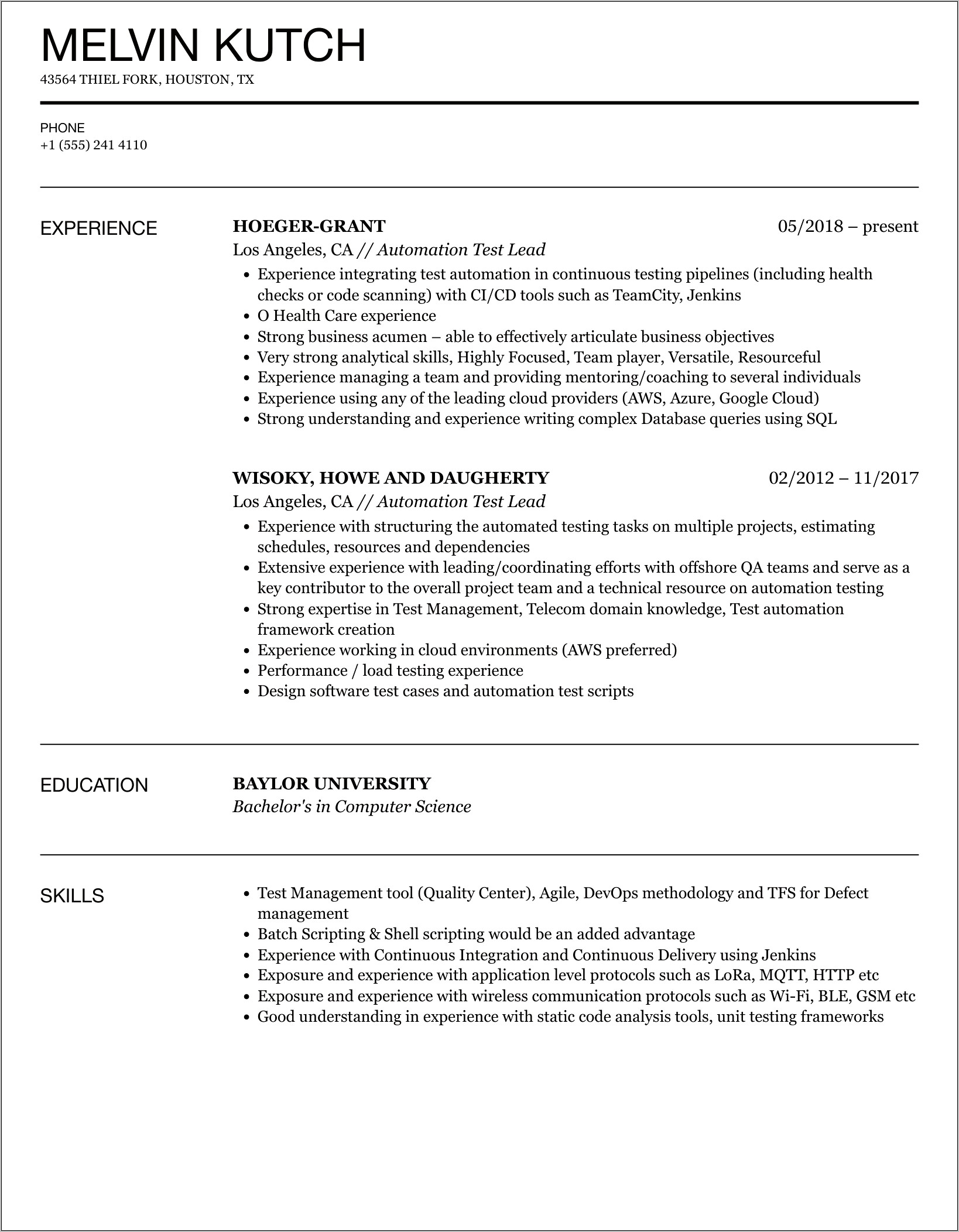 Automation Test Lead Resume Samples