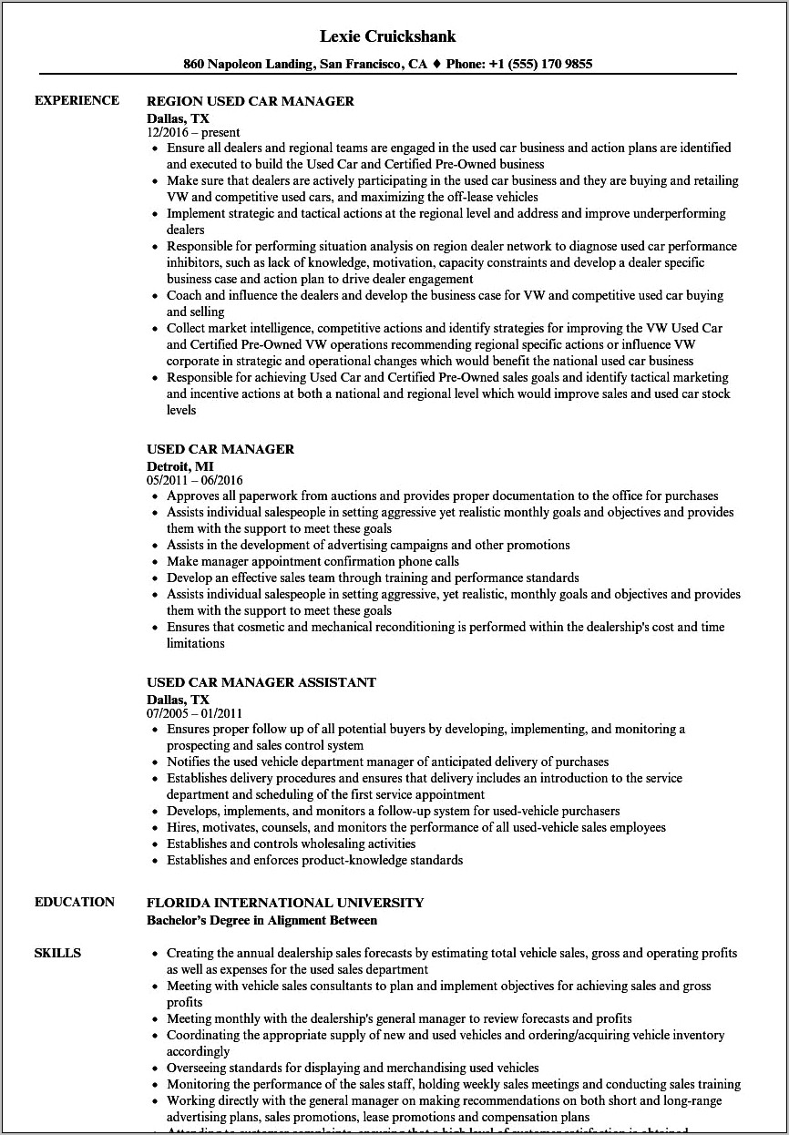 Automotive Finance Manager Resume Summary