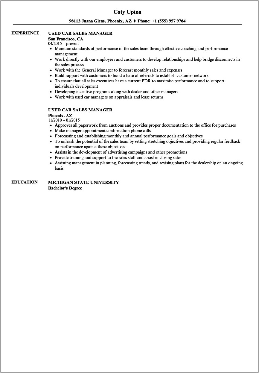 Automotive Sales Manager Resume Samples