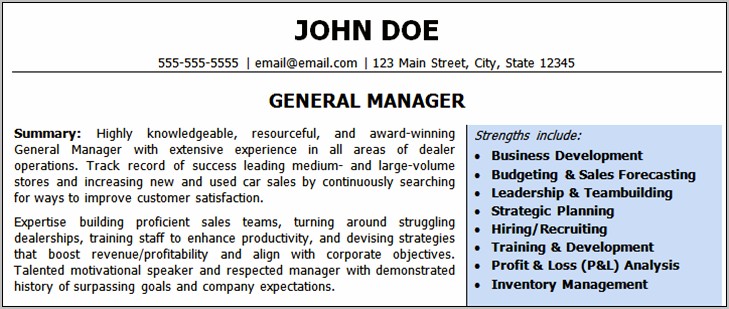 Automotive Sales Manager Resume Summary