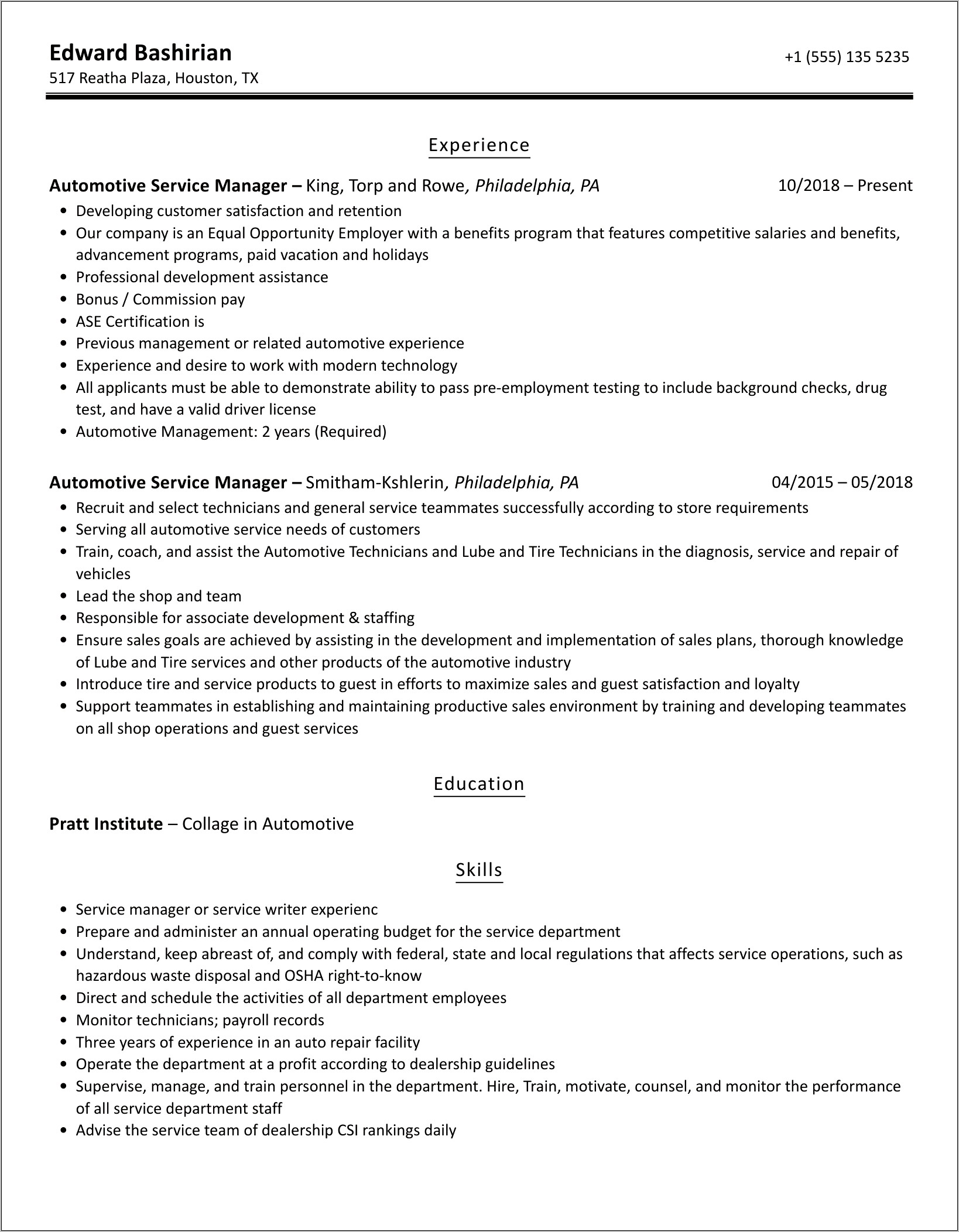 Automotive Service Manager Resume Objective