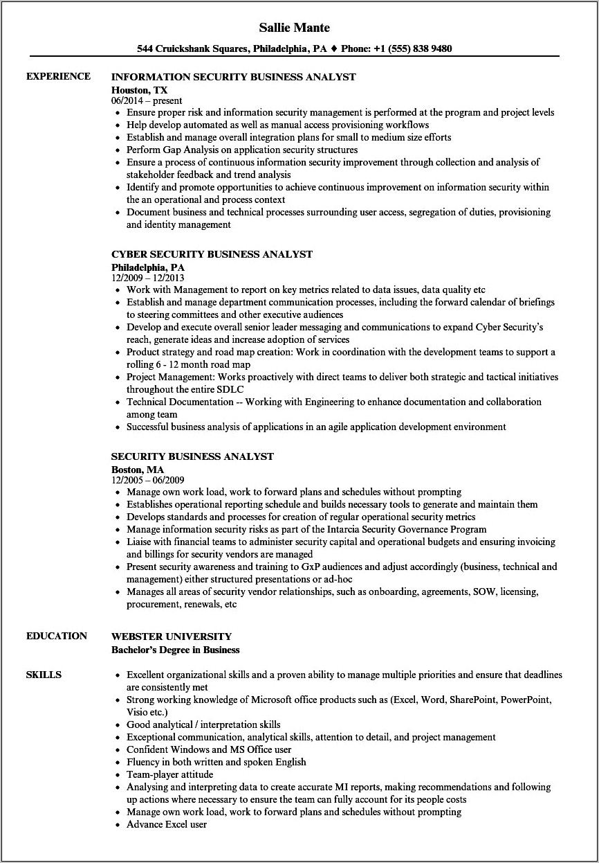 Ba It Security Sample Resume