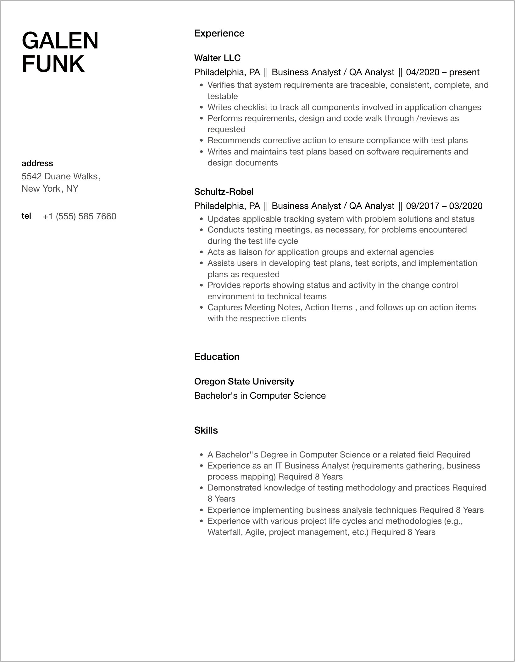 Ba Qa Analyst Resume Sample