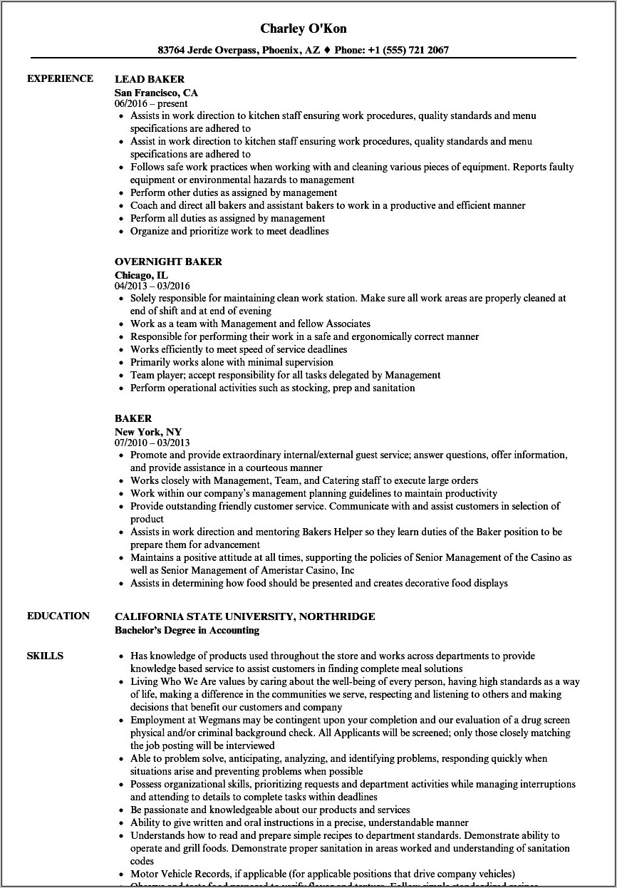 Bakery Job Duties For Resume