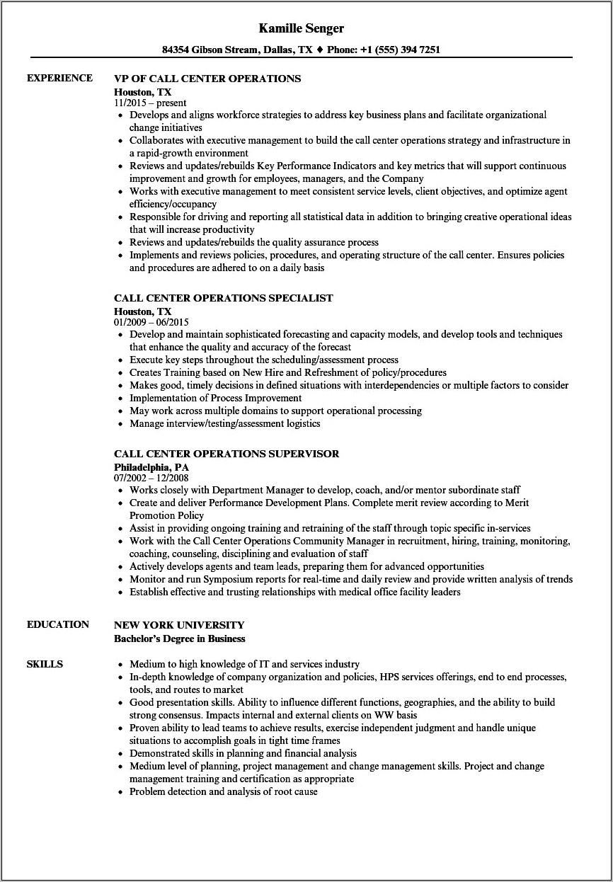 Bank Call Center Manager Resume