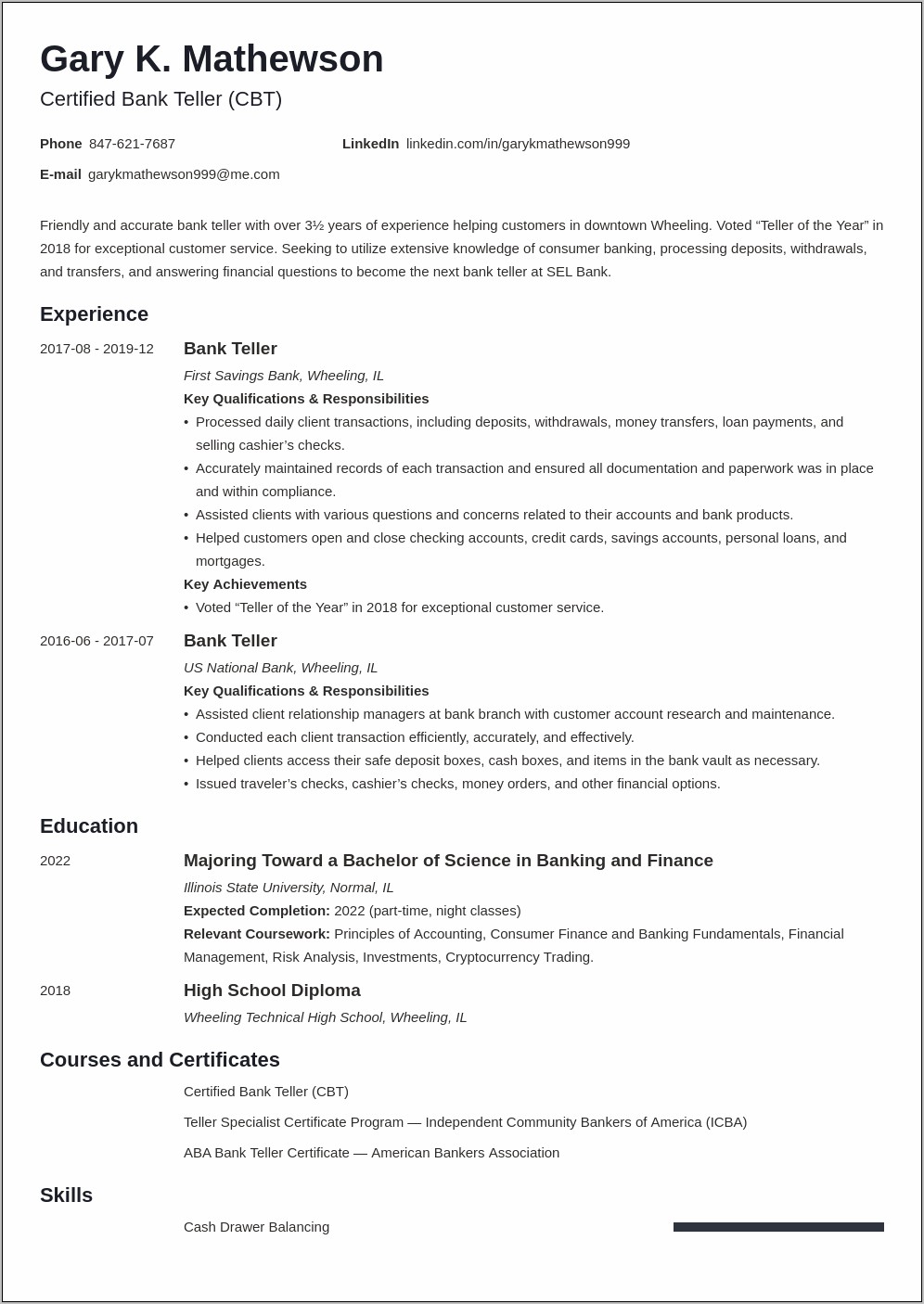 Bank Head Teller Resume Sample