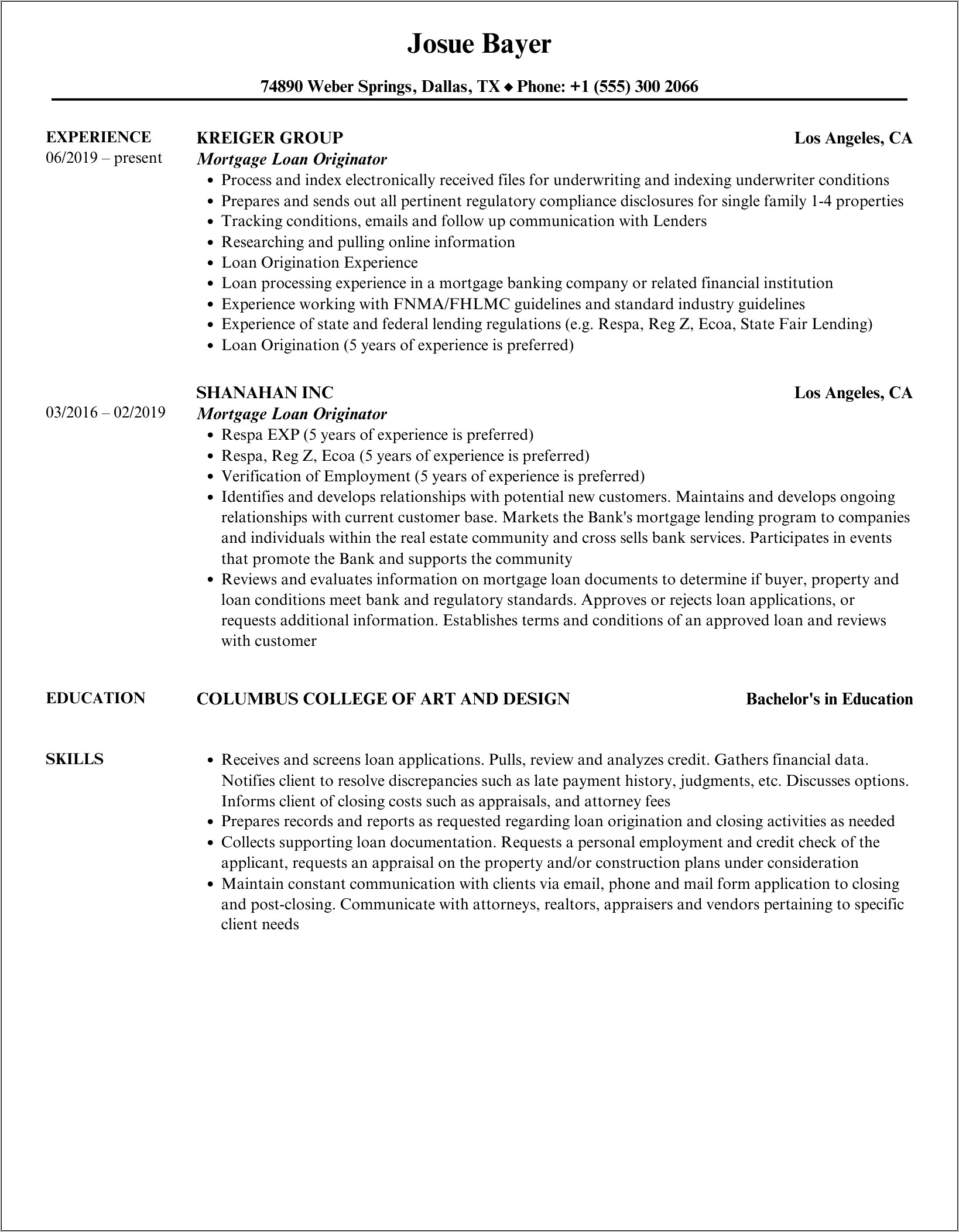 Bank Loan Officer Resume Sample