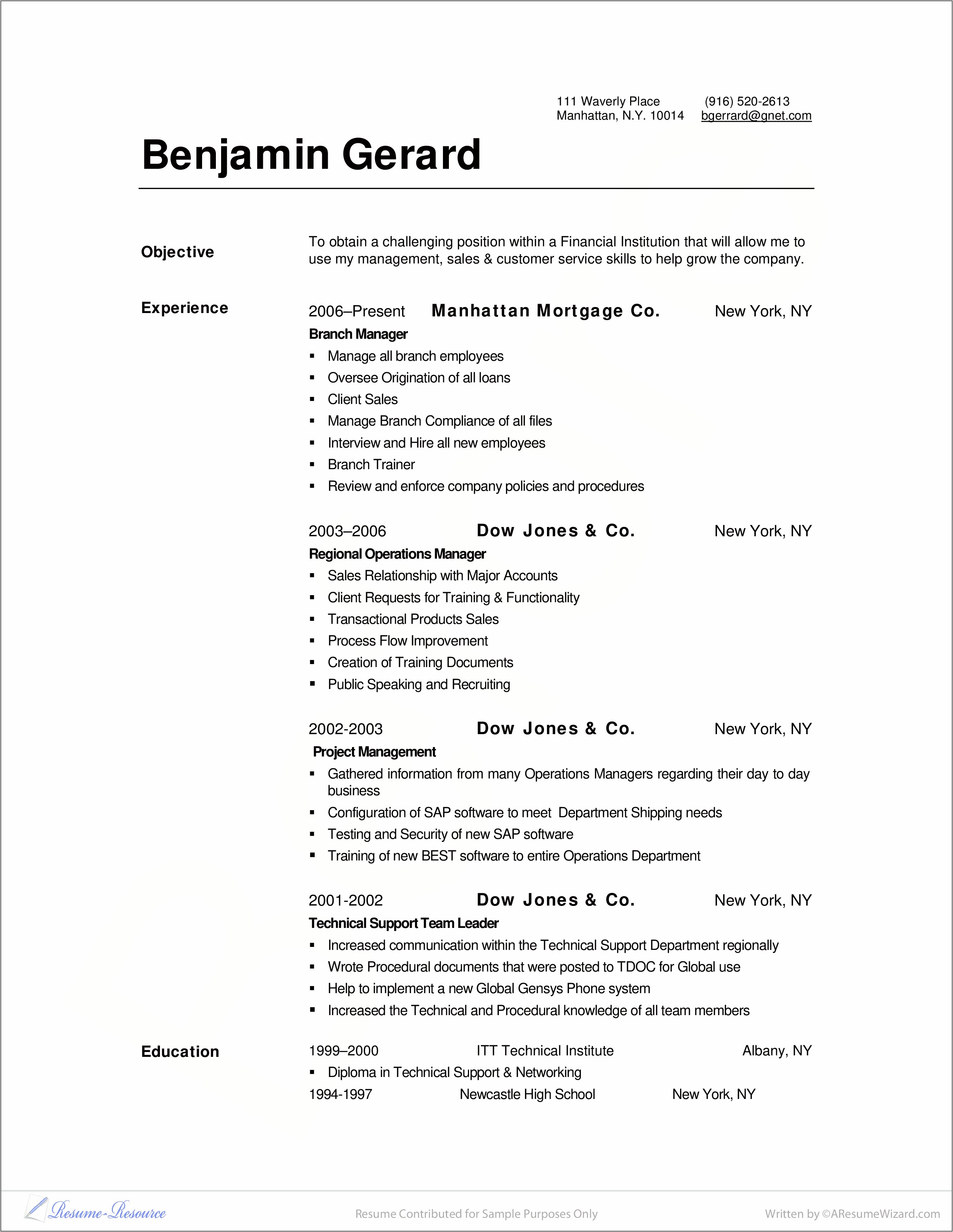 Bank Operations Manager Sample Resume