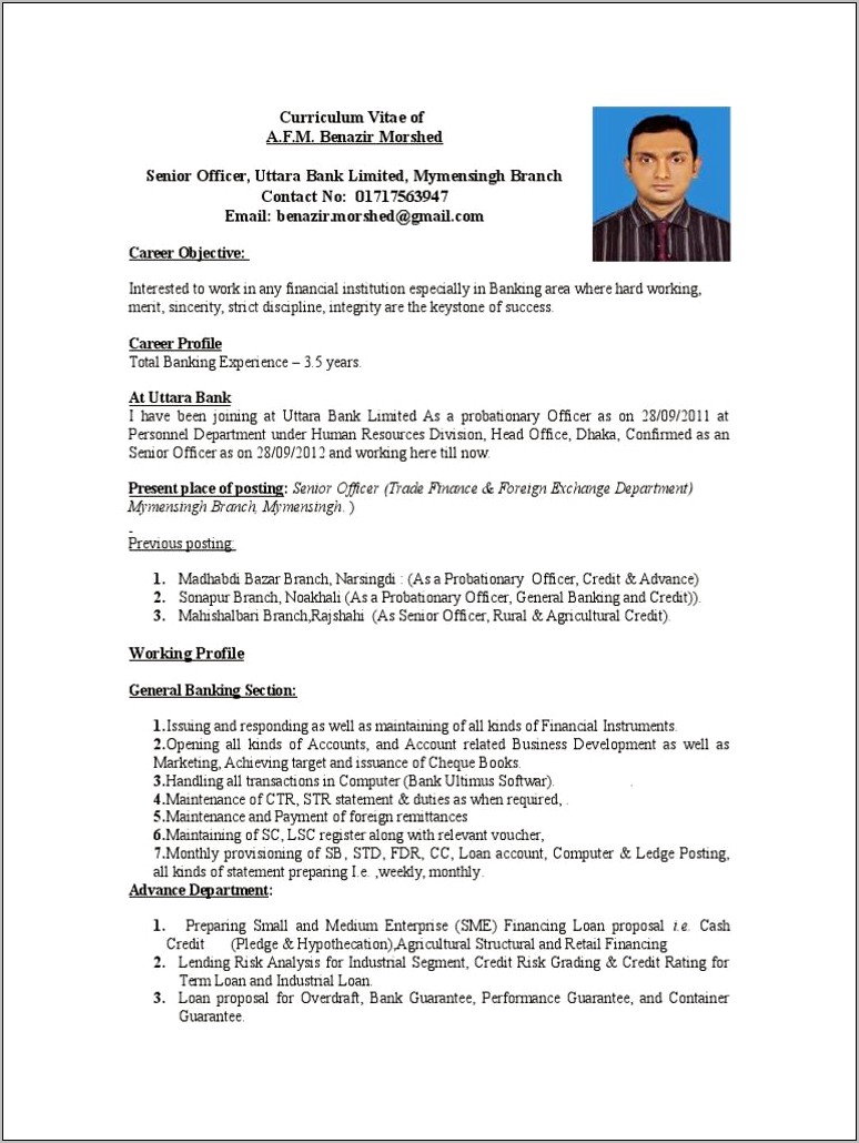 Bank Probationary Officer Resume Sample